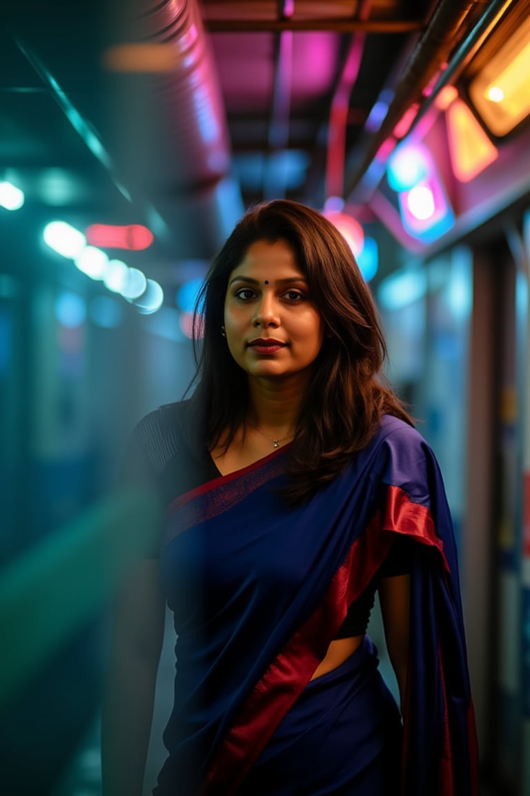 A beautiful mallu women, teal and orange colour lighting in background, futuristic subway, pipeline , wires, light indicators, intricate background, realism,realistic,raw,analog,portrait,photorealistic, taken by Canon EOS,SIGMA Art Lens 35mm F1.4,ISO 200 Shutter Speed 2000,Vivid picture,Mallu beauty, The atmosphere is fun and inviting, featuring colors like black, blue, dark blue, dark purple, gray, light green, purple, and orange. Neon lights in pink, blue, and green illuminate the space, creating a bokeh and Depth of Fieldeffect. The focus is on the girl from the torso to the head, captured in a cinematic style with a Sony A7R IV full-frame camera,Mallu beauty,futuristicportrait,Mallu beauty 