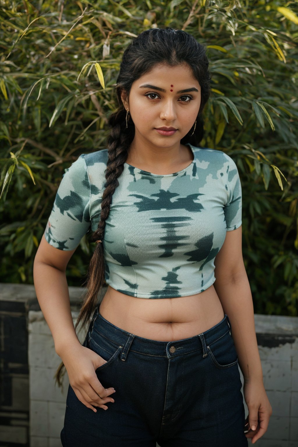 1girl, Kerala beautiful women 18 years old, solo, long hair, brown hair, shirt, t  shaped navel, outdoors, pants, sandals, denim, jeans,  photo background,18 year old,  twin tail ponytail:2, braided hairThis breathtaking photograph, shot on a Canon 1DX with a 50 mm f/2.8 lens, beautifully showcases the raw and authentic beauty of life. high resolution 8k image quality,