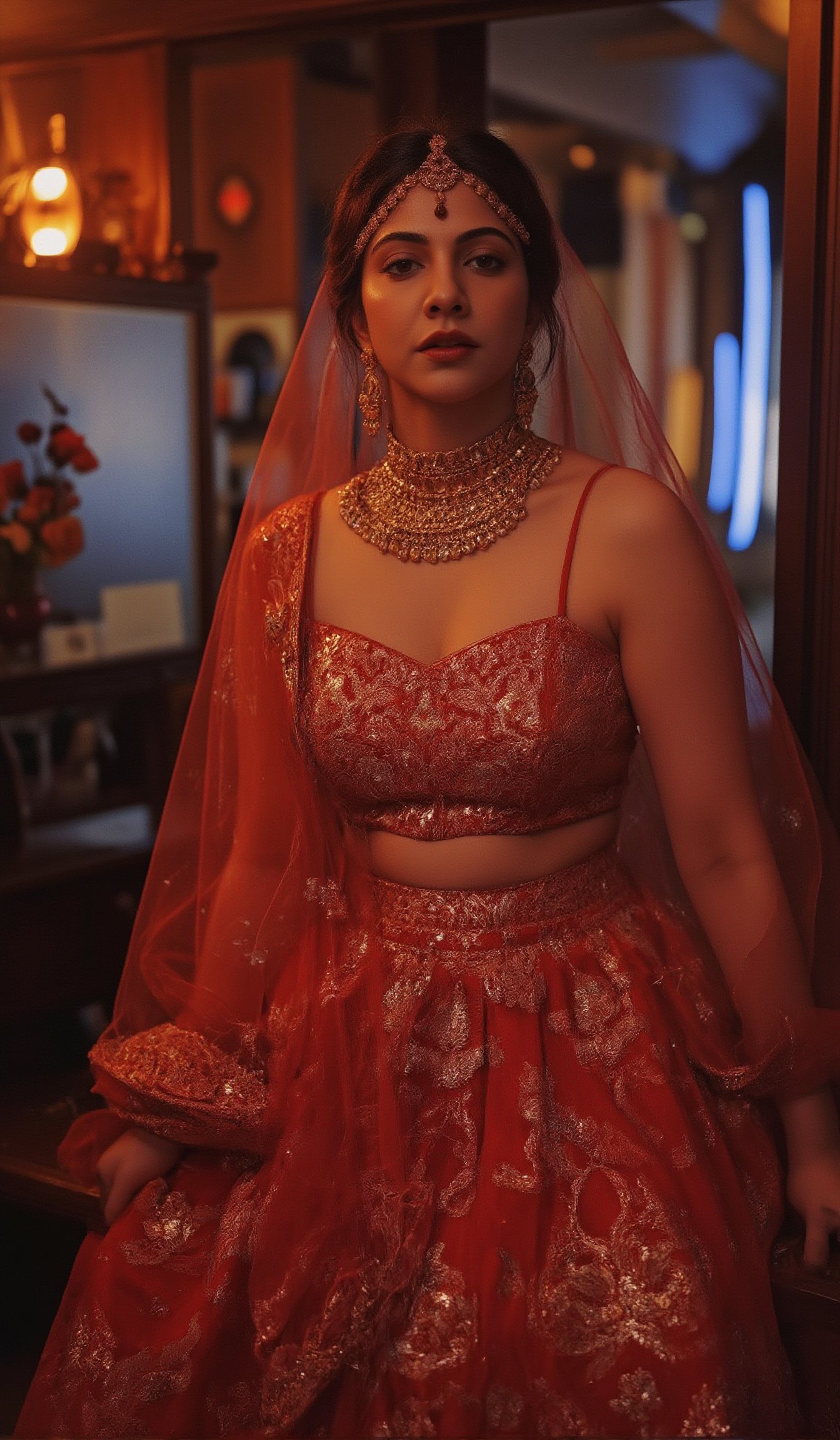 Cool cinematic lighting, matrix movie theam,A stunning Madona Sebastian, dressed in a rich red lehenga with intricate embroidery, paired with heavy gold jewelry She stands against a luxurious Hollywood-style backdrop, with subtle neon accents to emphasize her glamorous attire.,Madona Sebastian 