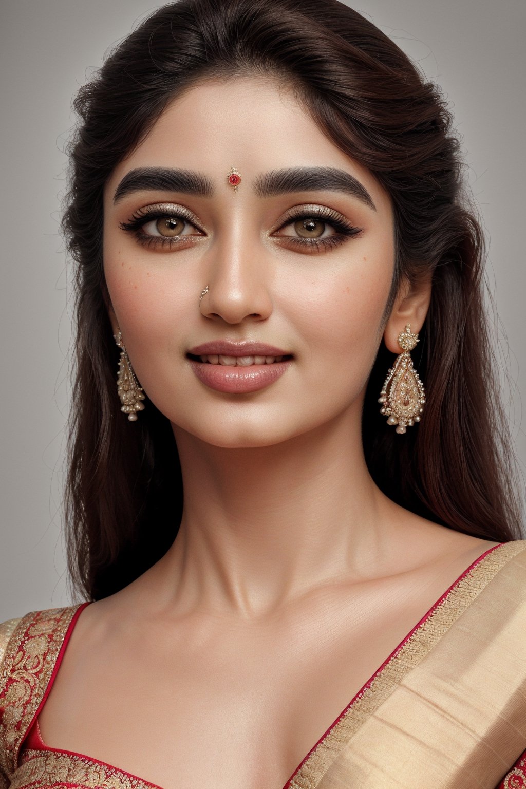 (best quality,4k,8k,highres,masterpiece:1.2),ultra-detailed,(realistic,photorealistic,photo-realistic:1.37),beautiful,indian woman,(expressive eyes:1.1),(radiant smile:1.1),close-up,portrait,(smooth skin:1.1),(long,shiny hair:1.1),vibrant colors,studio lighting,ethnic jewelry,traditional attire (sari),ornate henna design,delicate facial features,graceful pose,serene expression,subtle makeup,rich textures,deep gaze,gorgeous accessories,exquisite craftsmanship,soft shadows,subtle highlights,warm color palette,aesthetic composition,striking contrast,detailed patterns,impeccable clarity,natural beauty,luminous complexion,regal elegance,unforgettable charm,intense gaze,dreamy ambiance,radiant personality,colorful backdrop,Mallu,Saree