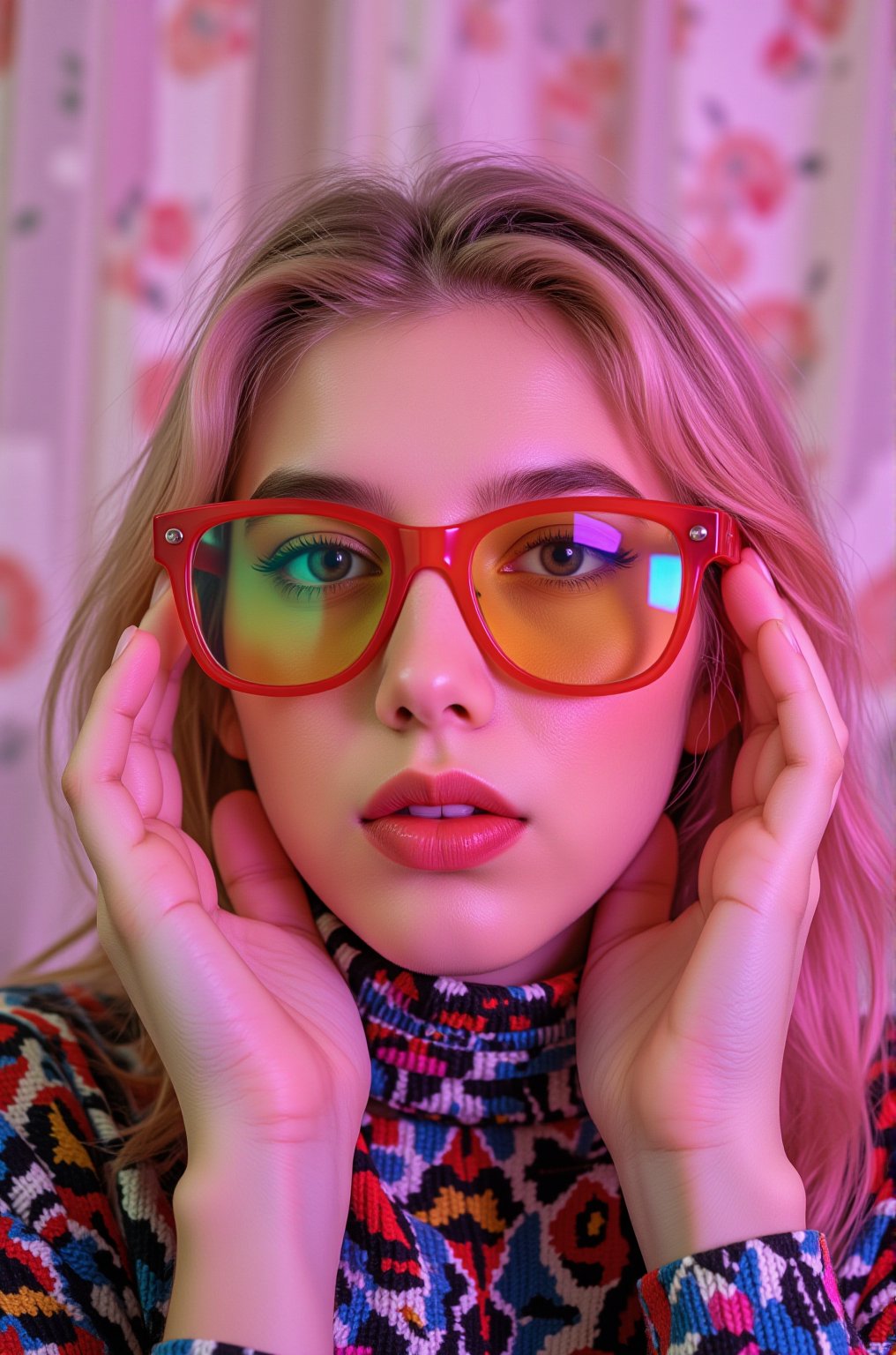 A vibrant, close-up portrait of a young woman with pink hair, wearing oversized, colorful sunglasses, and patterned turtleneck, abstract, textured background | pop art style, bold colors, detailed, highly stylized | photorealistic | studio lighting
,cinematic , film grain, Short telephoto focal length, shot on ALEXA 65