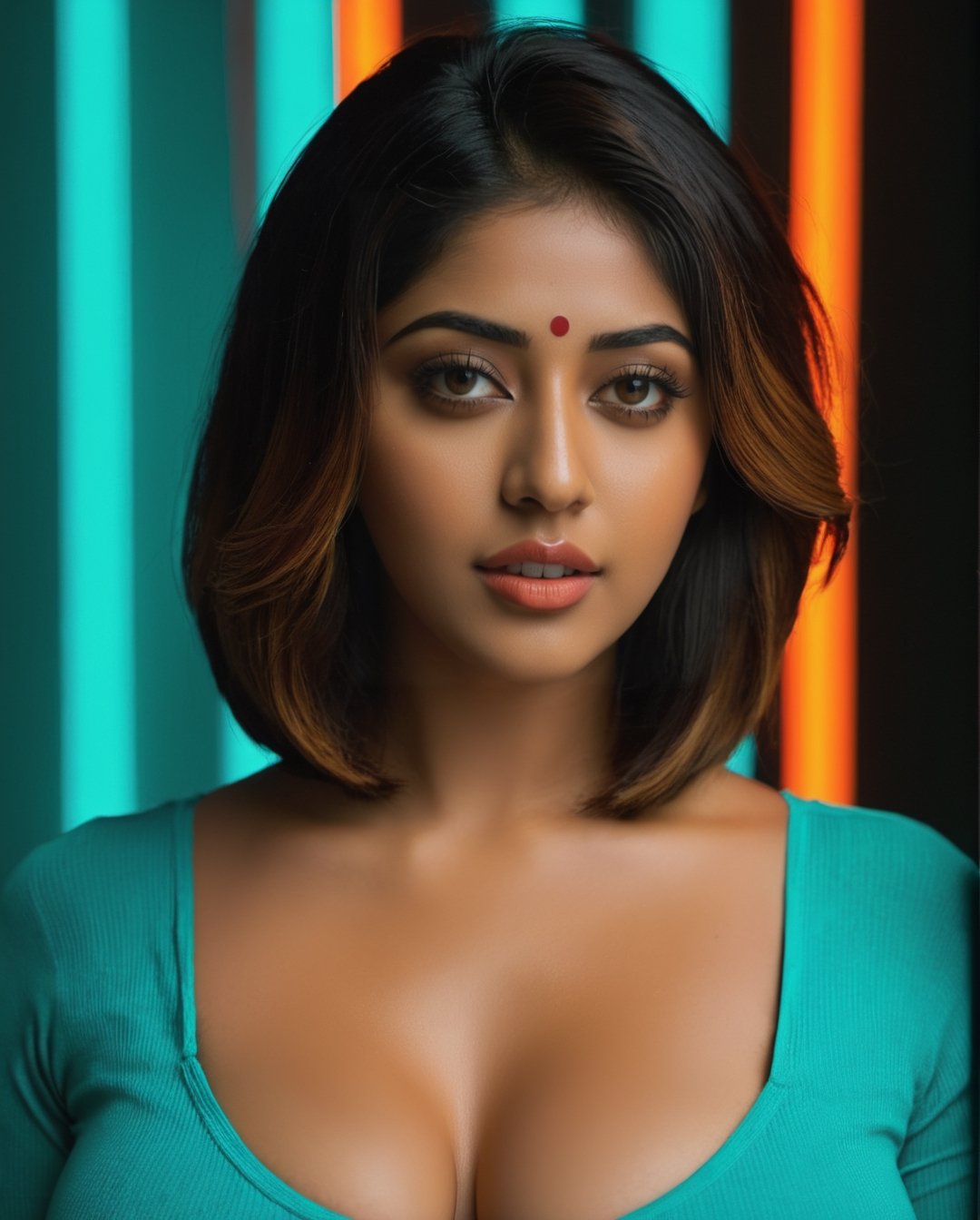 (Anu Emmanuel:1.1), symmetrical face, 
 breast_to_breast,  ((big boobs:2)) neon photography style, clavege,  ( full size:2) LED  colour light, teal and orange colour grading, female focus, one girl looking at viewer, , short hair,bob cut, solo, night time, outdoors, dark,depth_of_field,neon light, ,detailmaster2,make_3d