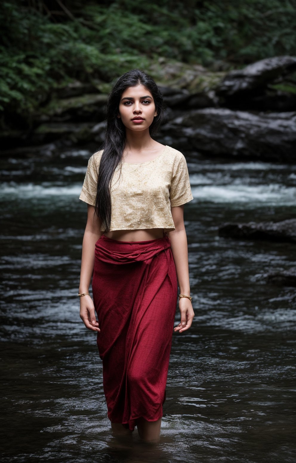 Half body under water, The task is to annotate the image by identifying and describing its content using natural language. The image contains a woman standing in a natural setting, which includes a stream and rocks. She is dressed in traditional attire with a red blouse and a white skirt, adorned with gold detailing. Her pose and the serene environment suggest a connection with nature and possibly a cultural or personal significance to the attire and setting. 