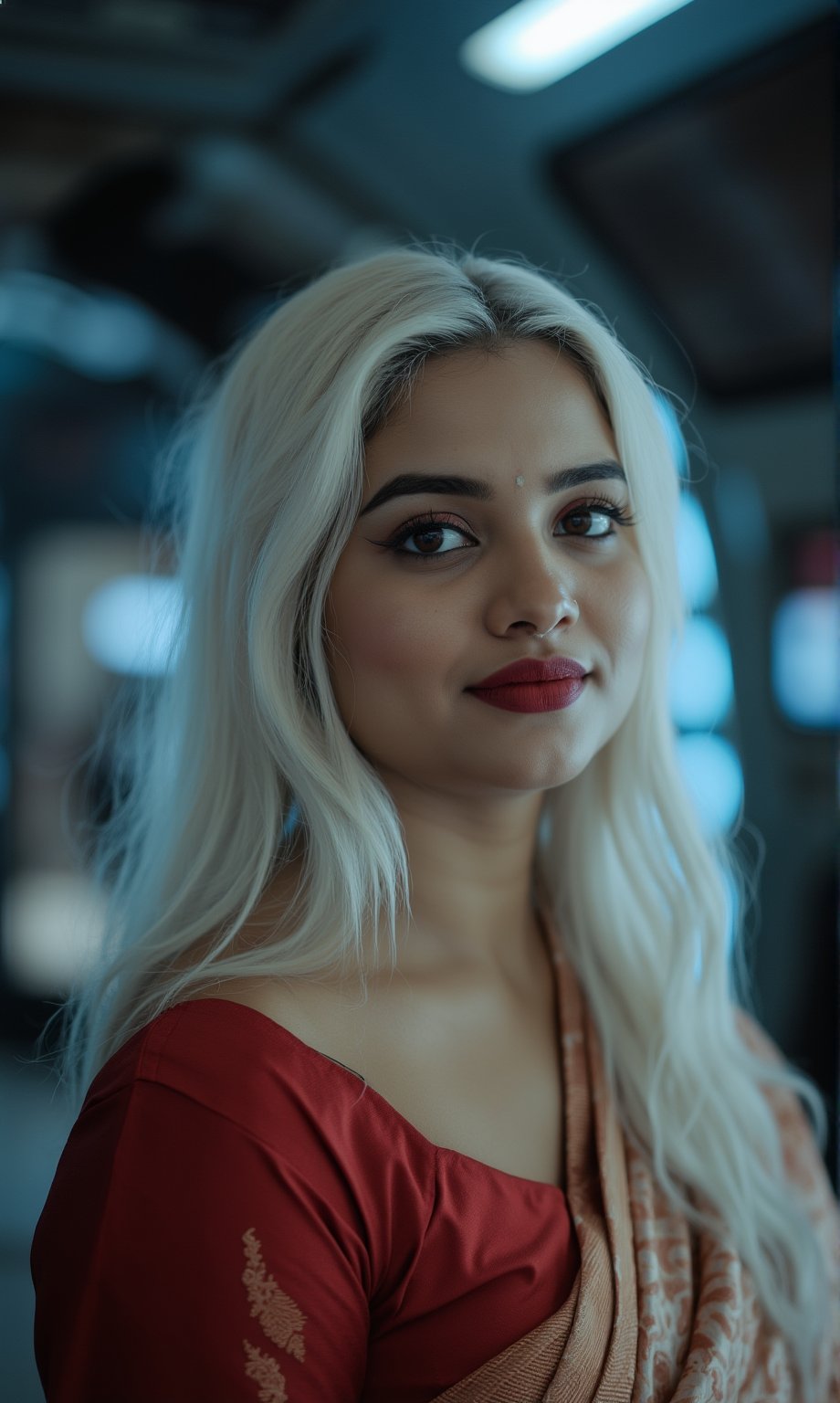 A stunning, realistic photography of a 25-year-old curvy women , white skin extreme white hair, radiating youthful beauty. She is dressed in traditional Indian attire, featuring a Kerala pattupavada—a beautiful, flowing Kerala gown—and a matching blouse. A delicately draped shawl (sholl) adds an elegant touch to her outfit, highlighting her cultural heritage.

The background contrasts with her traditional look, set inside a futuristic spacecraft with a Mars Effect game theme. The environment is filled with advanced technology, with holographic displays, sleek metallic surfaces, and soft neon lighting that creates an otherworldly ambiance. The lighting subtly illuminates her face, enhancing her natural beauty and creating a blend of old-world charm and futuristic aesthetics.

The overall composition focuses on her serene and graceful presence, emphasizing her traditional attire against the backdrop of a high-tech, space-age setting. This creates a captivating fusion of culture and science fiction, making the image both visually striking and unique.