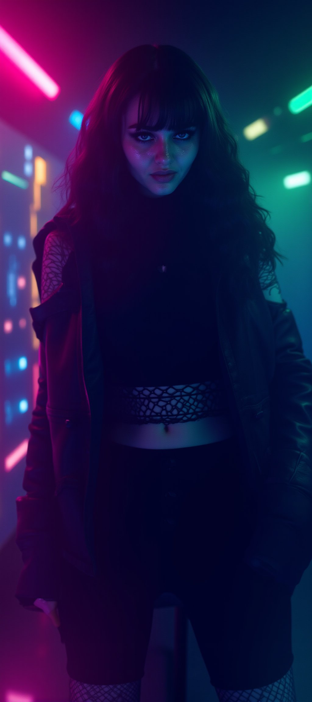 A cyberpunk women, realistic, details and enhanced image, beautiful,The atmosphere is fun and inviting, featuring colors like black, blue, dark blue, dark purple, gray, light green, purple, and orange. Neon lights in pink, blue, and green illuminate the space, creating a bokeh and Depth, captured in a cinematic style with a Sony A7R IV full-frame ceramic camera 