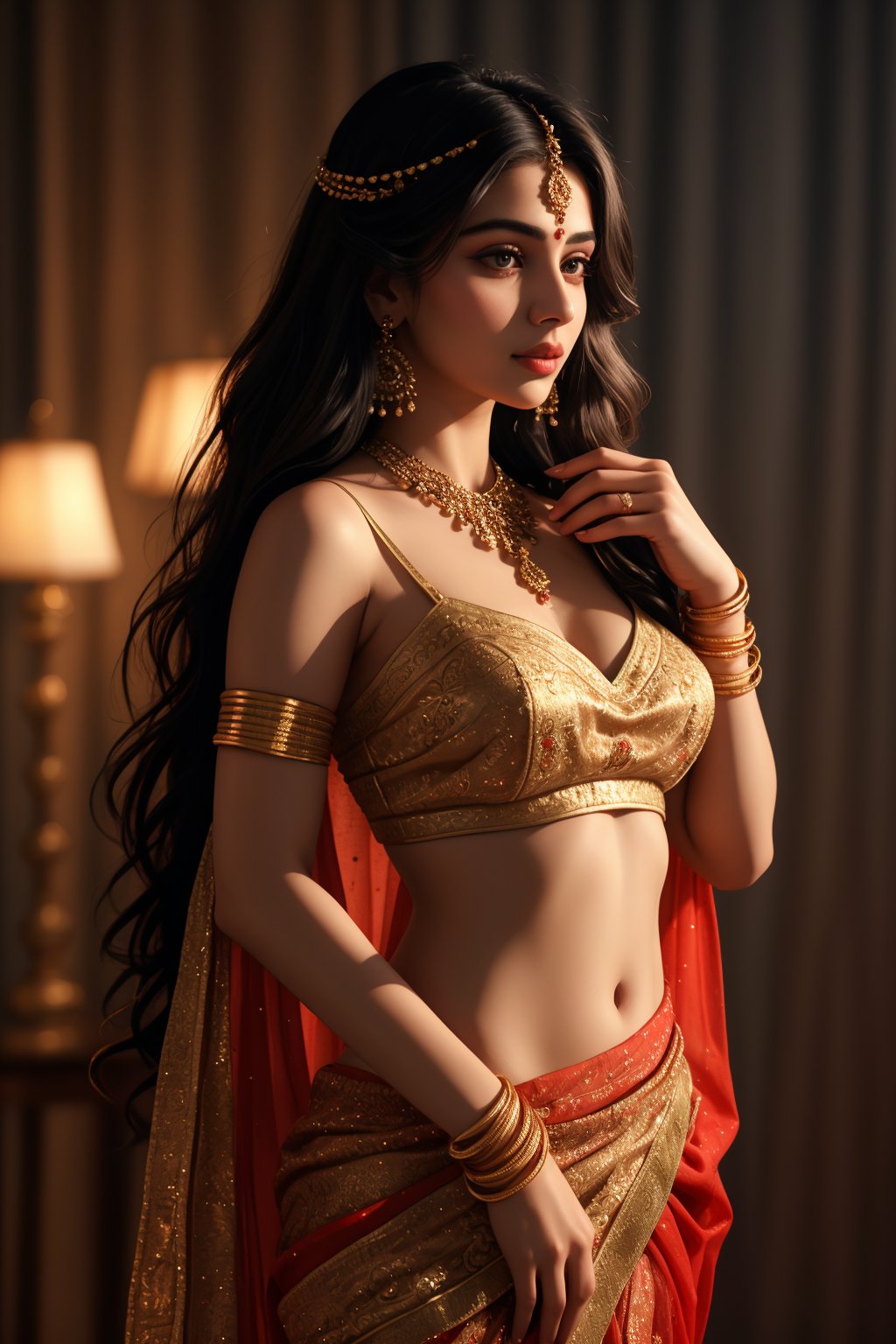 A beautiful slim sexy woman wearing a traditional saree, draped in a style that reveals her midriff and navel. The saree is richly colored and adorned with intricate patterns and embroidery, with a matching blouse (choli) that has short sleeves and a deep neckline. The pallu of the saree is gracefully draped over her shoulder, falling softly to one side, while her navel is tastefully visible where the saree is wrapped around her waist. She is adorned with traditional jewelry, including a maang tikka, jhumka earrings, a nose ring, bangles, and anklets. Her skin has a warm tone, and her long, dark hair is styled either in a loose braid or cascading waves. The setting is softly lit, focusing on her elegant pose and the cultural richness of her attire, with warm, natural lighting that enhances the details of the fabric and her jewelry.

cinematic angle, (cinematic shadows, bokeh, depth of field:1.3) , (High detail RAW Photo), (extremely detailed skin, photorealistic, heavy shadow, dramatic and cinematic lighting, key light, fill light), sharp focus, cinematic, imperfect skin, fabrics, textures, detailed face, detailed skin, detailed fingers, NaturalHand2-3500, analog film photo Deep photo,depth of field,ferrania p30 film,shadows, perfect face and body, dimly lit, nervous, harsh camera flash, faded film, desaturated, 35mm photo, grainy, Kodachrome, Lomography, stained, highly detailed, found footage,, (black hair,
A flapper girl stands poised in a smokey atmosphere, bathed in ethereal light that accentuates her stunning features. Her fair skin glows under cinematic lighting, as she gazes directly into the camera with perfect eyes and a beautiful nose. Her Drill Spring-inspired hairstyle is perfectly coiffed, framing her face, background intricate details and complex patterns that seem to leap off the screen in hyper-maximalist fashion.  with detailed decoration and lines that exude opulence. In stunning HDR and UHD, this unreal engine creation pops with gorgeous light and shadow., matrix,poakl