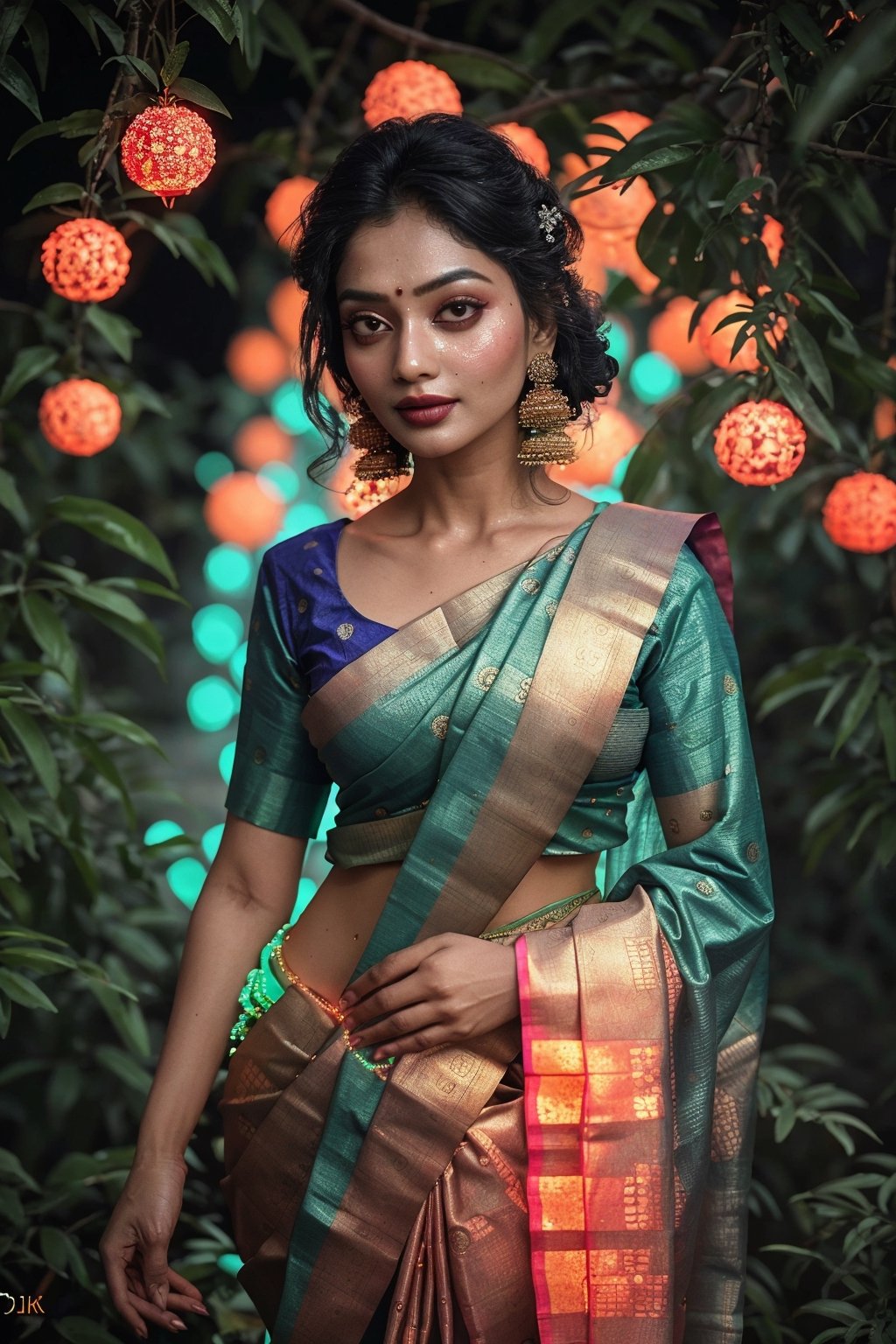 Portrait of a mystical fantasy bioluminescent neon woman. Glamorous fashionable lady in saree. Traditional saree Glowing neon, Glowing color,Glowing dots and line on body and skin, white_body,  Parle, high resolution 8k image quality,photorealistic,Saree ,NeonST2,Blossom, saree, ,Glowing dots on body