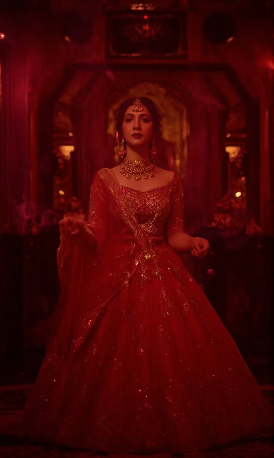 In a dimly lit, smoke-filled room, Madonna Sebastian poses majestically against a lavish, crimson-hued backdrop adorned with gleaming gold accents and subtle neon highlights. Her stunning red lehenga shimmers with intricate embroidery, paired with opulent gold jewelry that catches the eye. The cinematic lighting casts a warm, moody glow, evoking the essence of the iconic Matrix franchise. Madonna Sebastian exudes confidence and glamour, her regal presence commanding attention in this striking, neo-noir inspired setting.