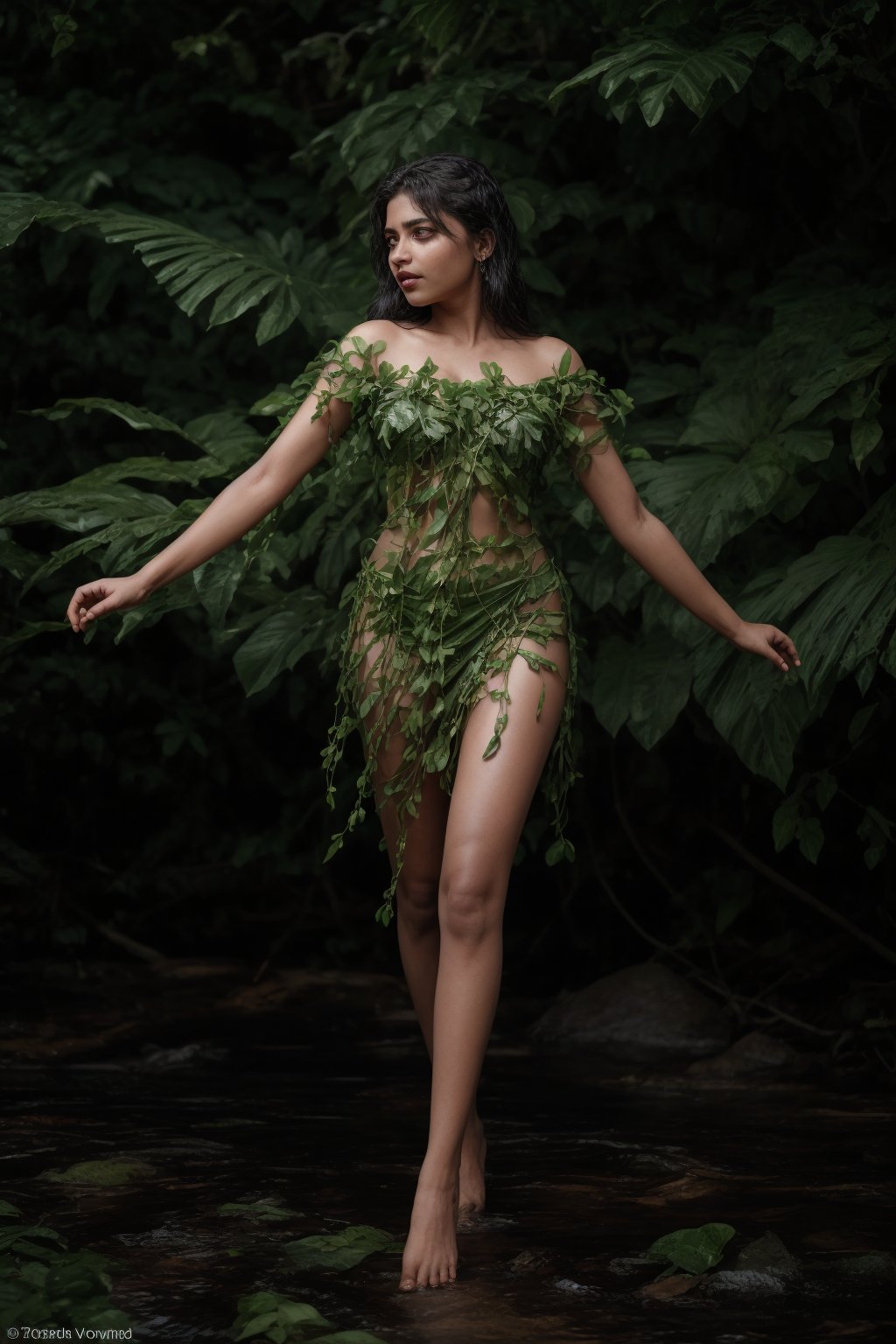 A majestic young woman emerges from the verdant foliage, adorned entirely in a stunning ensemble crafted from delicate Plantain leaves. Red yellow brown colour leafs, Her slender figure is enveloped by a flowing, ethereal gown constructed from thousands of intricately arranged leaves, their gentle curves and soft sheen creating a mesmerizing effect.

The leafy fabric drapes effortlessly around her lithe physique, the subtle rustling of each leaf underscoring the gentle movement of her body as she moves. Her private areas are discreetly concealed by a delicate leafy barrier, its edges carefully positioned to maintain modesty while still showcasing the natural beauty of the surrounding foliage.

The soft, golden light of the sun filters through the leafy canopy above, casting dappled shadows across her skin and illuminating the intricate patterns of the Plantain leaves. A sprinkling of dew-kissed droplets glistens on the leaves, imbuing the overall scene with a serene, idyllic quality.

As she stands within this natural setting, the young woman's presence seems almost an extension of the surrounding vegetation, as if she has been organically grown from the very earth itself. The Plantain leaf costume appears not only beautiful but also eerily lifelike, blurring the lines between her and the natural world around her.,Blossom lady 