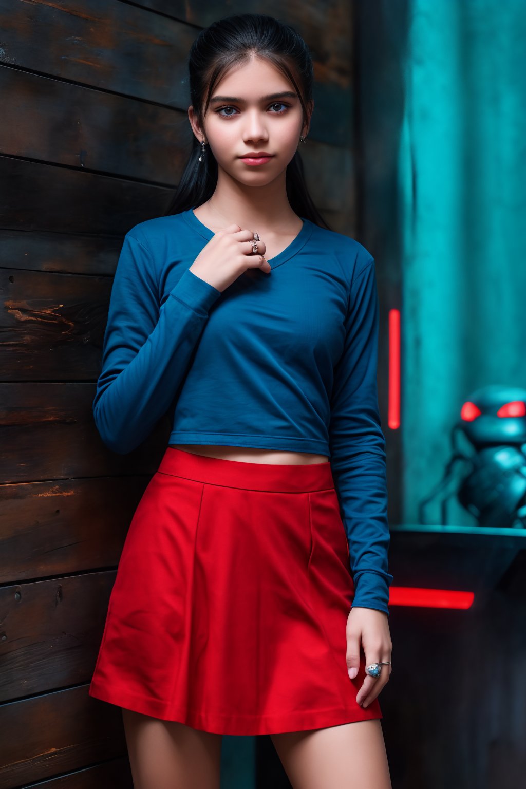 A teenage girl stands still against a rustic wooden wall with a pale blue sky in the background. She is wearing a blue long-sleeved shirt and a red skirt, accessorized with a ring on her finger and earrings in her ears. Her sleek, ponytailed hair is neatly styled, and her neutral expression carries a hint of a subtle smile. The image features cinematic color grading with Matrix movie color tones, enhanced with Tron Legacy movie style. The scene has a neon atmosphere, with a futuristic gadget in view, creating the look of a game character.
