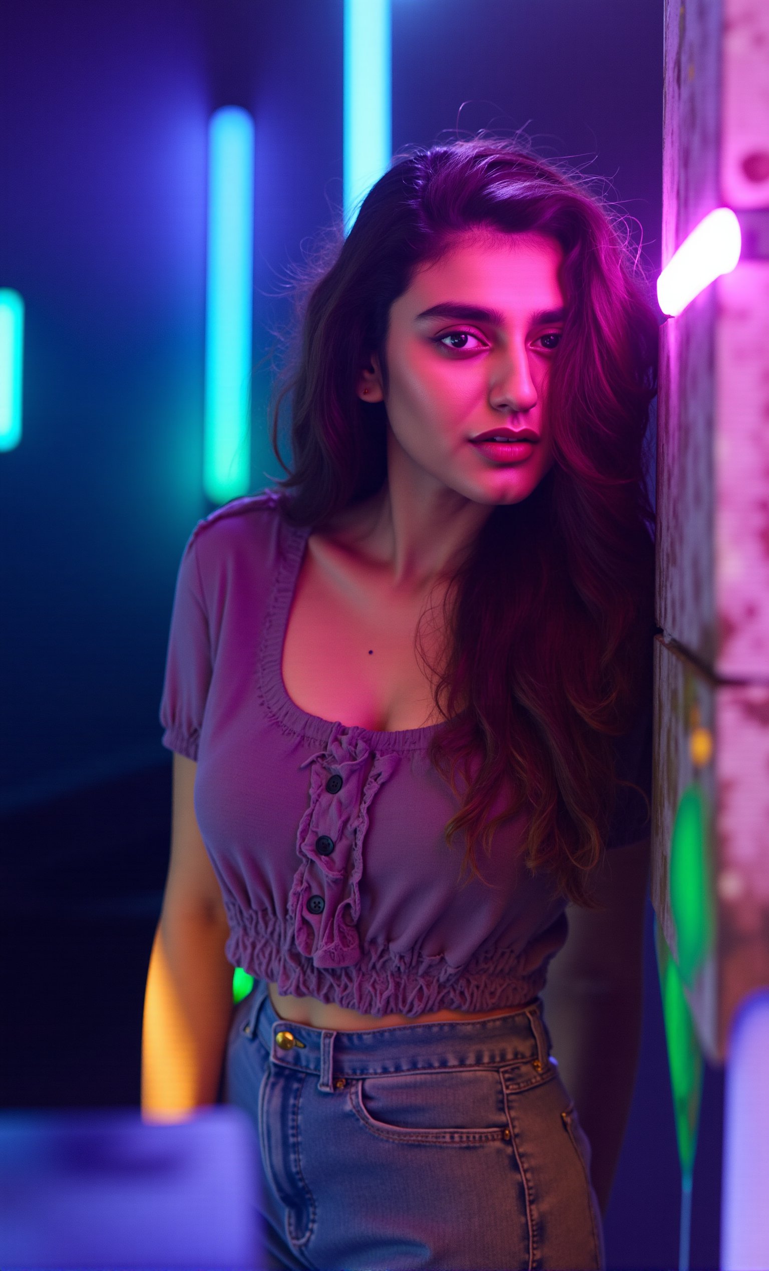 A cyberpunk women, realistic, details and enhanced image, beautiful,The atmosphere is fun and inviting, featuring colors like black, blue, dark blue, dark purple, gray, light green, purple, and orange. Neon lights in pink, blue, and green illuminate the space, creating a bokeh and Depth of Fieldeffect. The focus is on the girl from the torso to the head, captured in a cinematic style with a Sony A7R IV full-frame camera,AnushkaShettyFlux