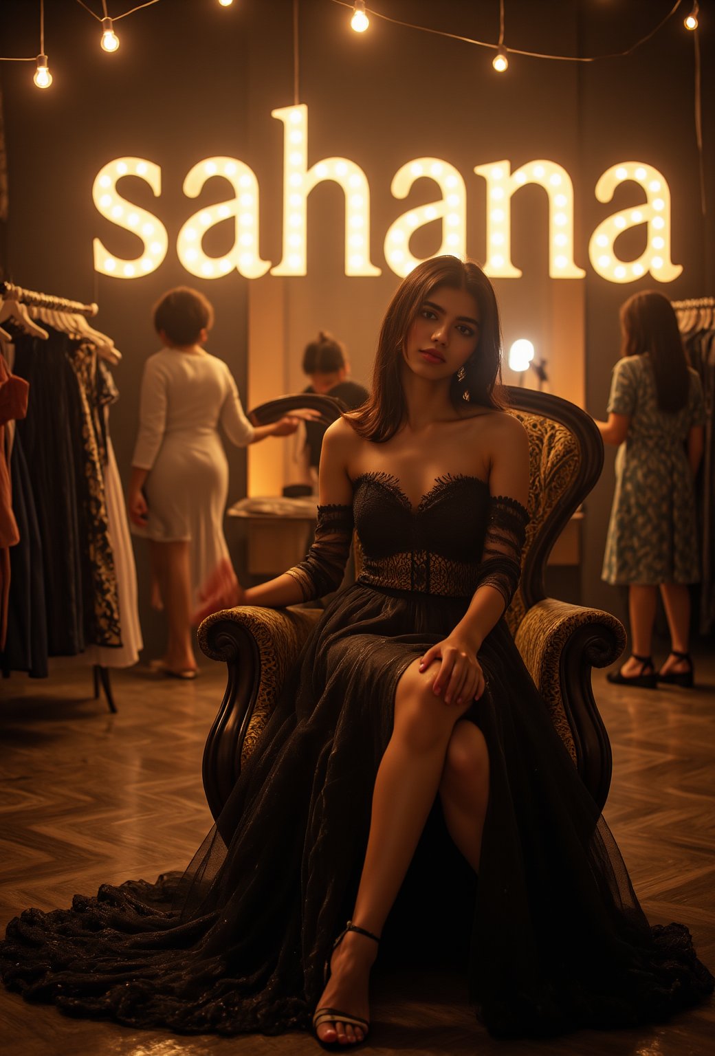 create me something beautiful, sexy, A beautiful woman, dressed in high fashion, sits on a throne in a luxurious boutique shop, surrounded by perfect cinematic lighting. Behind her, the shop's name "sahana" is displayed in oversized glowing letters, commanding attention. Girls in the background casually explore the dresses on display. The scene highlights both the elegance of the boutique and the glowing, bold shop name.,Enhanced all