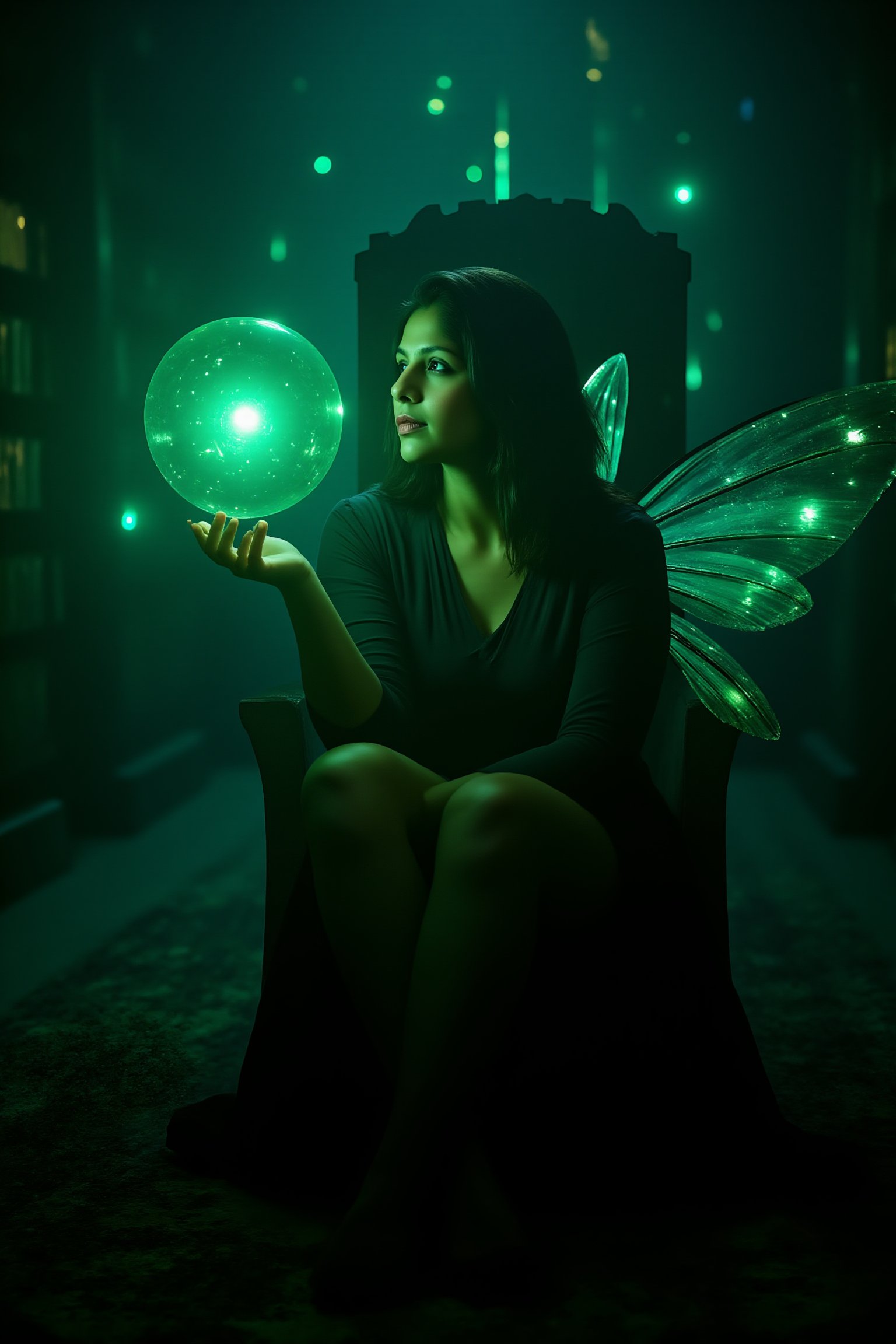 1girl, HKMagic, A beautiful fairy wearing black sheer pantyhose,  with glowing wings is sitting in crystalz throne in magic library as she looks at big green orb of magic and spells. She has detailed facial features and there is a glowing green light in the background with cinematic lighting, fairycore, hkmagic, masterpiece, best quality, highly detailed, sharp focus, dynamic lighting, no shoes, black pantyhose, full body shot,Mallu beauty 