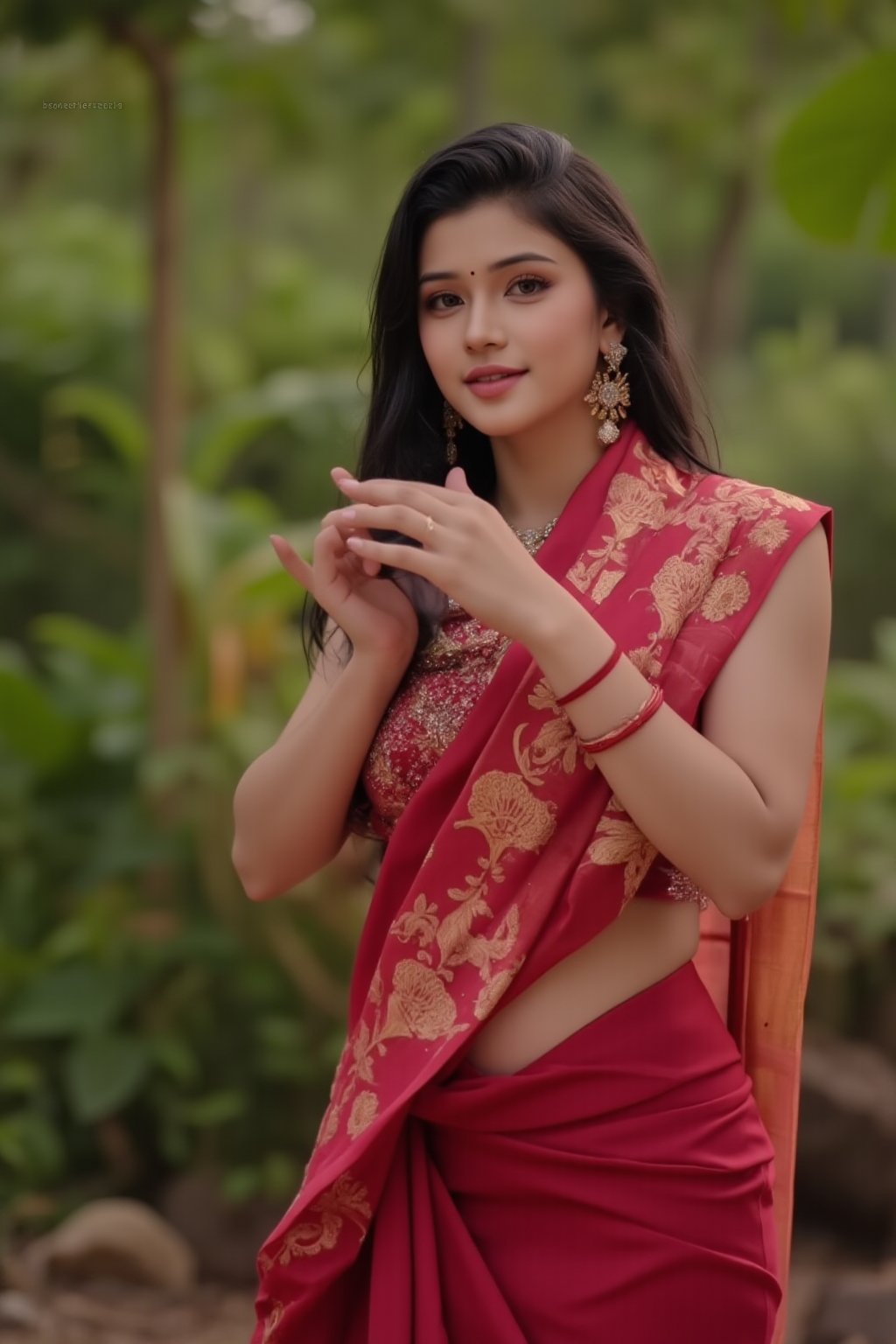 (Extra realistic) Sweet saree indian sexy women from mumbai,26 years old,clear body features,shiny skin,earrings,necklace,real eyes,shy,covering face with hands,mesmerizing,blowing hair,perfect weist,errected body,perfect anatomy,fit saree dress(Red Mehroon saree with embroidery, blouse with huge embroidery work),(photo till butts),(Create an image with a beautifully composed natural background, perfect composition,depth of perspective,studio photo,Futuristic cosplay 