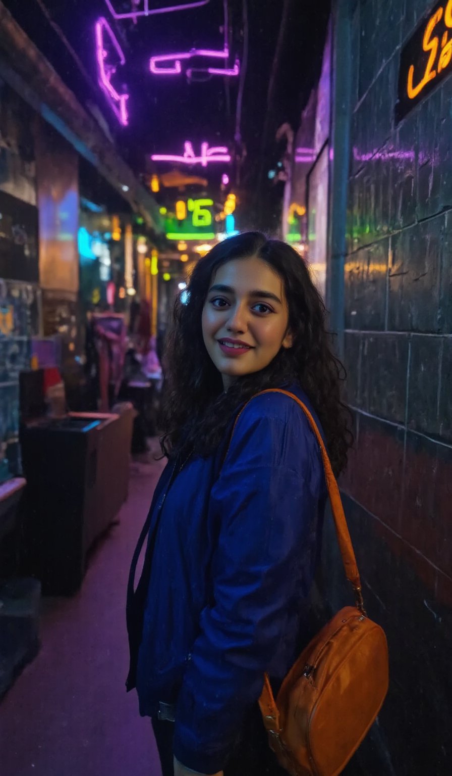 A beautiful girl with black hair, wearing a blue jacket and carrying an orange shoulder bag, standing in a vibrant underground pub with gray tiled walls at night, smiling happily. The atmosphere is fun and inviting, featuring colors like black, blue, dark blue, dark purple, gray, light green, purple, and orange. Neon lights in pink, blue, and green illuminate the space, creating a bokeh and Depth of Fieldeffect. The focus is on the girl from the torso to the head, captured in a cinematic style with a Sony A7R IV full-frame camera.