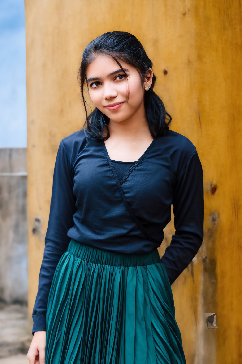 A 16-year-old girl stands still, posed against a rustic wooden wall with a pale blue sky as her backdrop. She wears a blue long-sleeved shirt and a red skirt, adorned with a ring on her finger and earrings in her ears. Her ponytailed hair is sleek and neat. The neutral expression on her face has a hint of a subtle smile.