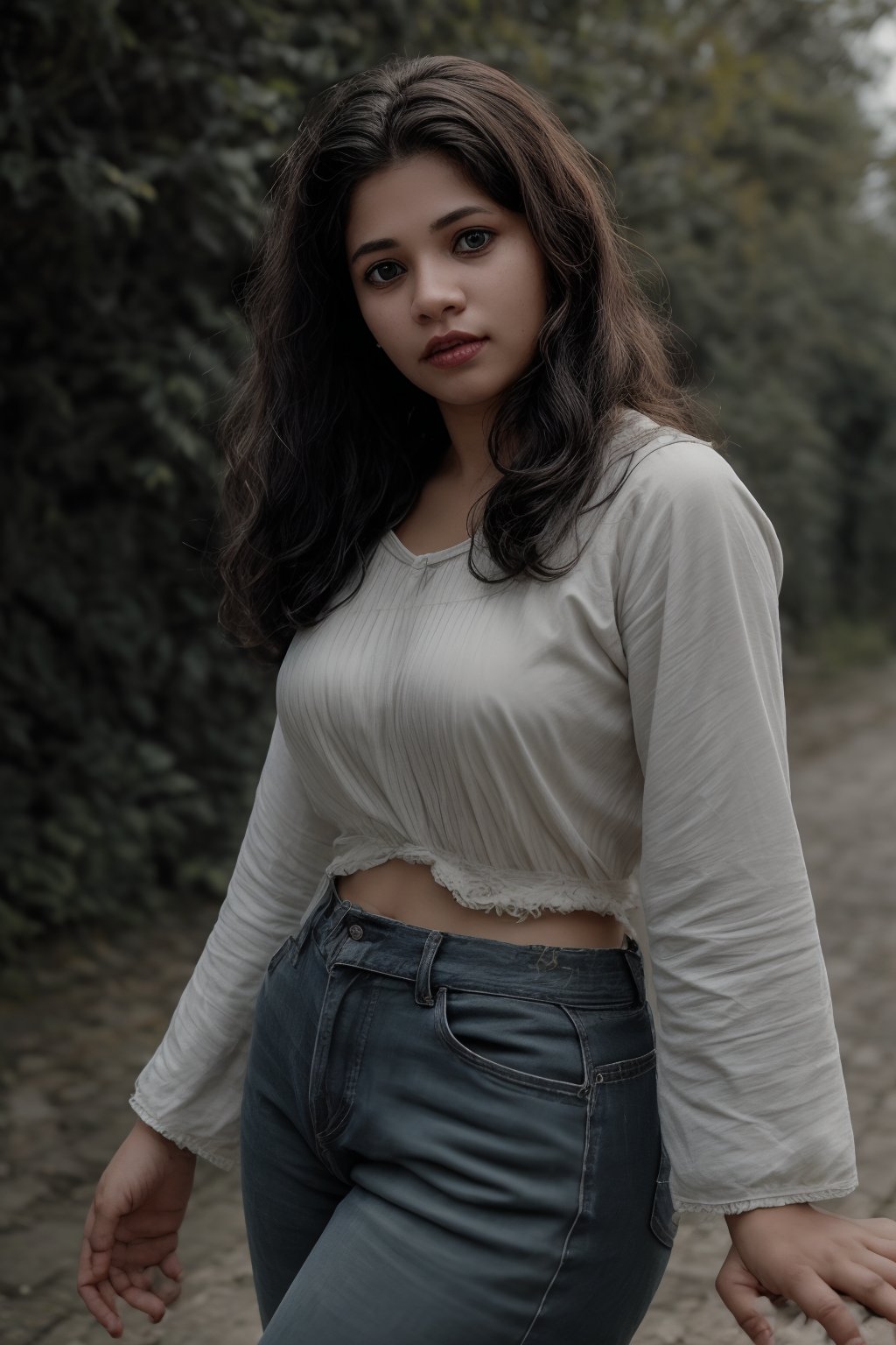 The image is a portrait of a woman positioned outdoors. The subject's attire and pose suggest a casual, possibly autumnal setting. The background, consisting of green foliage, provides a natural backdrop that contrasts with her warm-toned clothing. There is no explicit context provided within the image itself.