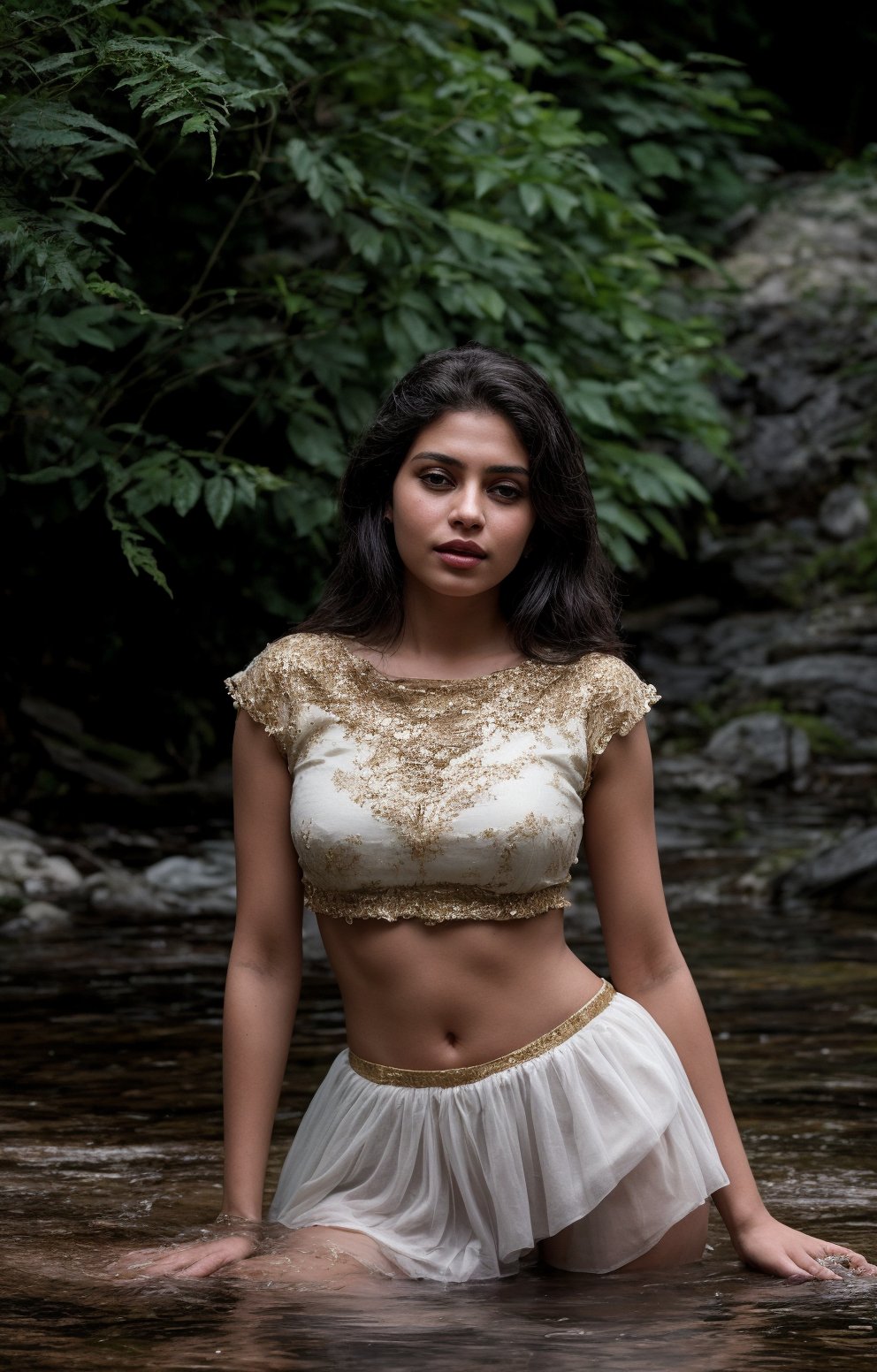 A tranquil aquatic scene depicts a half-body shot of a woman standing waist-deep in a crystal-clear stream, surrounded by weathered rocks and lush foliage. She wears a vibrant red blouse adorned with intricate gold embroidery and a flowing white skirt that billows in the gentle current. The soft focus and warm lighting evoke a sense of serenity, as if she's communing with nature.