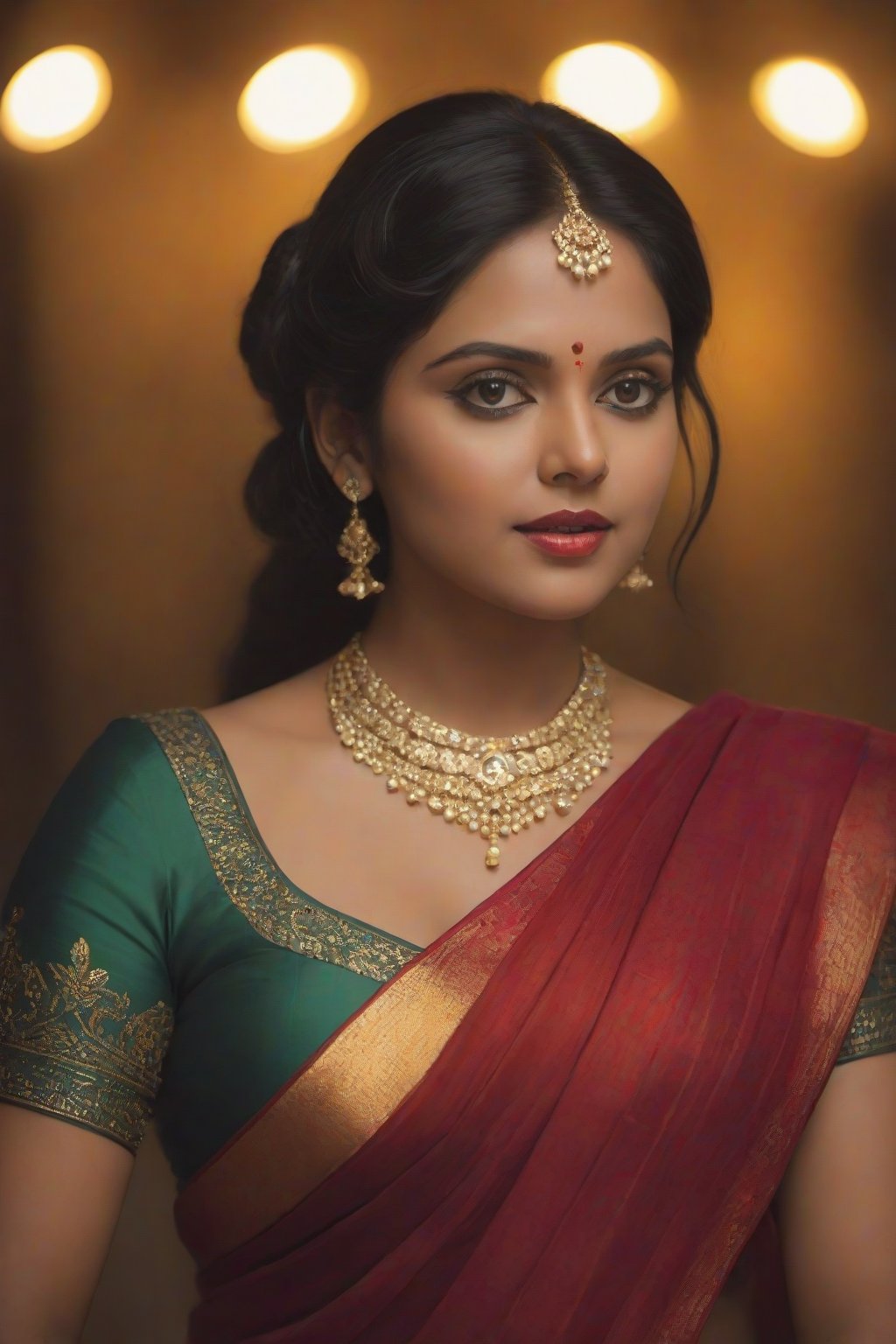 A beautiful Indian woman, 32, wearing a traditional saree with rich colors and intricate patterns, draped to reveal her midriff and navel. Big breasts are accentuated by the matching blouse (choli) with short sleeves and deep neckline. The pallu drapes softly over her shoulder, while her jewelry sparkles in warm, natural lighting. Cinematic shadows and bokeh create depth of field 1.3, capturing every detail of her skin, fabrics, and textures.

She stands elegantly, poised in a smokey atmosphere, bathed in ethereal light that highlights her stunning features. Fair skin glows under cinematic lighting, with perfect eyes and nose. Drill Spring-inspired hairstyle frames her face, showcasing intricate details and complex patterns that pop in hyper-visual fashion. Stunning HDR and UHD render this unreal engine creation with gorgeous light and shadow.

Framing: Softly lit, focusing on her elegant pose and cultural richness of attire. Cinematic angle, high detail RAW photo, extremely detailed skin, photorealistic, heavy shadows, dramatic lighting.

Composition: Perfect face and body, dimly lit, nervous, harsh camera flash, faded film, desaturated, 35mm photo, grainy, Kodachrome, Lomography, stained, highly detailed.