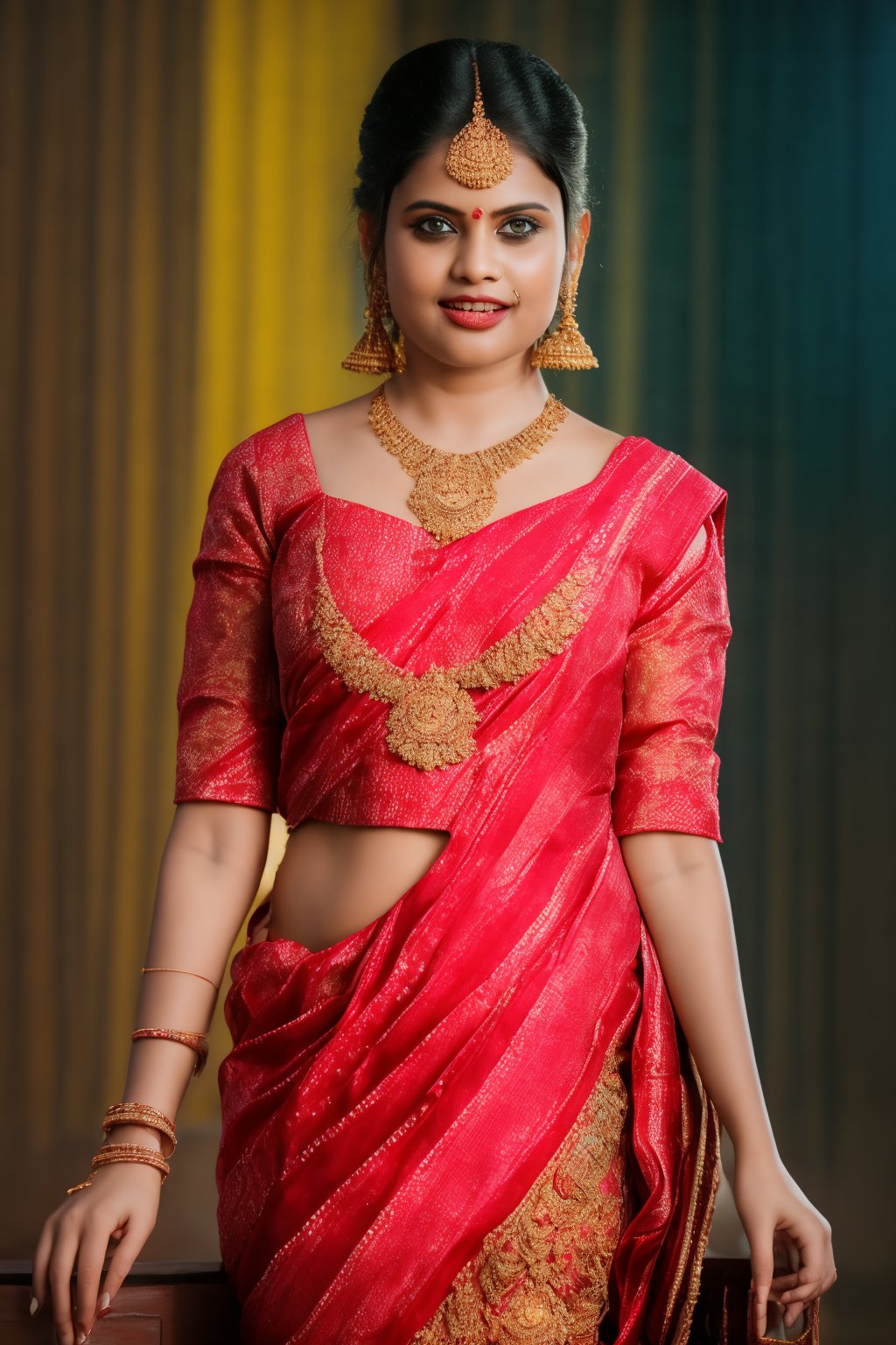 A ravishing Indian beauty, 36 years young, wears a stunning traditional saree, skillfully draped to reveal her navel. The richly colored fabric is adorned with intricate patterns and embroidery, paired with a matching turtle-neck blouse featuring short sleeves and a deep neckline. Her pallu flows softly over one shoulder, as she poses elegantly against a dimly lit background, focusing on the cultural richness of her attire.

Her warm-toned skin glows under cinematic lighting, accentuating every detail. Her long, dark hair cascades down her back like night's shadows, framing her flawless face and striking features. A maang tikka adorns her forehead, complementing jhumka earrings, a nose ring, bangles, and anklets that add to the overall opulence.

The setting is bathed in warm, golden light, emphasizing the textures of her fabric and jewelry. Every aspect of this scene is meticulously crafted, from the soft focus on her skin to the intricate details on her attire. The image is so vivid it seems to leap off the screen, a true masterpiece of cinematic art.