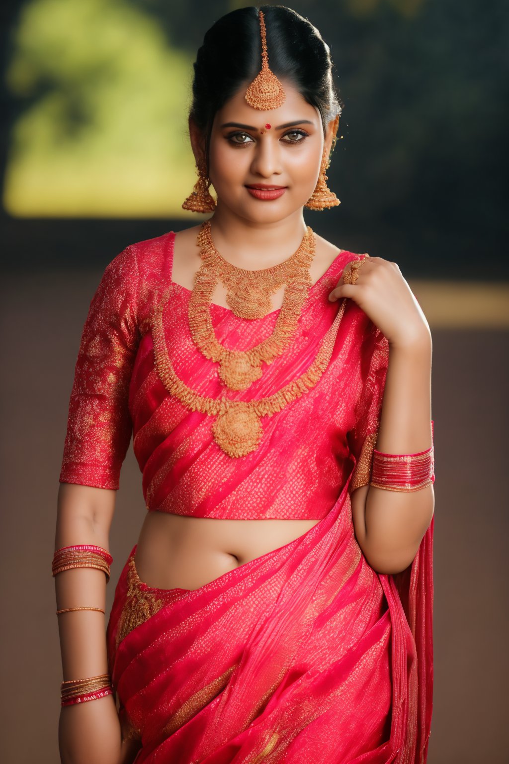 A beautiful Indian woman wearing a traditional saree, draped in a style that reveals her midriff and navel. The saree is richly colored and adorned with intricate patterns and embroidery, with a matching blouse (choli) that has short sleeves and a deep neckline. The pallu of the saree is gracefully draped over her shoulder, falling softly to one side, while her navel is tastefully visible where the saree is wrapped around her waist. She is adorned with traditional jewelry, including a maang tikka, jhumka earrings, a nose ring, bangles, and anklets. Her skin has a warm tone, and her long, dark hair is styled either in a loose braid or cascading waves. The setting is softly lit, focusing on her elegant pose and the cultural richness of her attire, with warm, natural lighting that enhances the details of the fabric and her jewelry.

cinematic angle, (cinematic shadows, bokeh, depth of field:1.3) , (High detail RAW Photo), (extremely detailed skin, photorealistic, heavy shadow, dramatic and cinematic lighting, key light, fill light), sharp focus, cinematic, imperfect skin, fabrics, textures, detailed face, detailed skin, detailed fingers, NaturalHand2-3500, analog film photo Deep photo,depth of field,ferrania p30 film,shadows, perfect face and body, dimly lit, nervous, harsh camera flash, faded film, desaturated, 35mm photo, grainy, Kodachrome, Lomography, stained, highly detailed, found footage,, (black hair,
A flapper girl stands poised in a smokey atmosphere, bathed in ethereal light that accentuates her stunning features. Her fair skin glows under cinematic lighting, as she gazes directly into the camera with perfect eyes and a beautiful nose. Her Drill Spring-inspired hairstyle is perfectly coiffed, framing her face, background intricate details and complex patterns that seem to leap off the screen in hyper-maximalist fashion.  with detailed decoration and lines that exude opulence. In stunning HDR and UHD, this unreal engine creation pops with gorgeous light and shadow., matrix,poakl