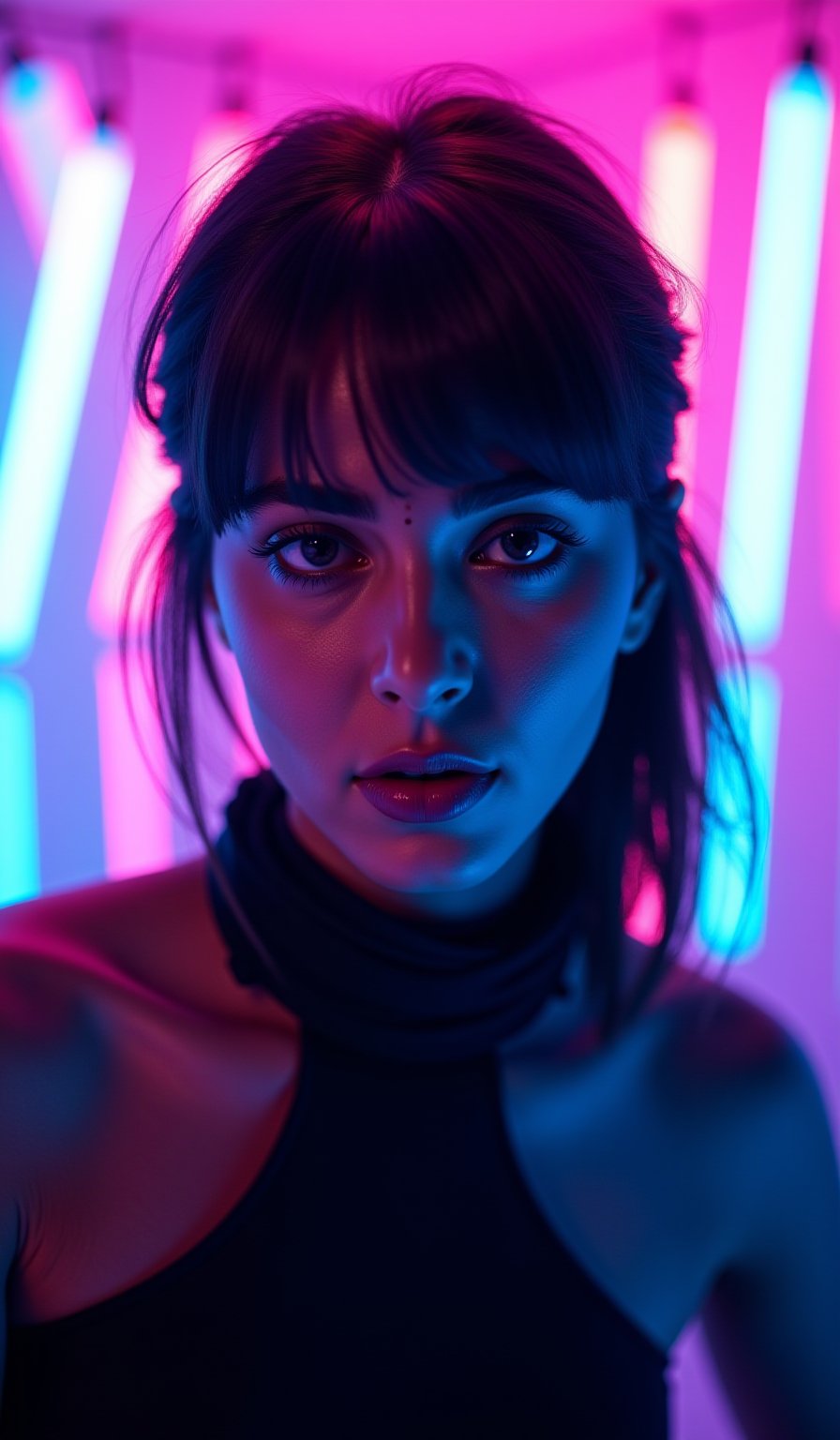 A cyberpunk women, realistic, details and enhanced image, beautiful,The atmosphere is fun and inviting, featuring colors like black, blue, dark blue, dark purple, gray, light green, purple, and orange. Neon lights in pink, blue, and green illuminate the space, creating a bokeh and Depth of Fieldeffect. The focus is on the girl from the torso to the head, captured in a cinematic style with a Sony A7R IV full-frame camera,AnushkaShettyFlux