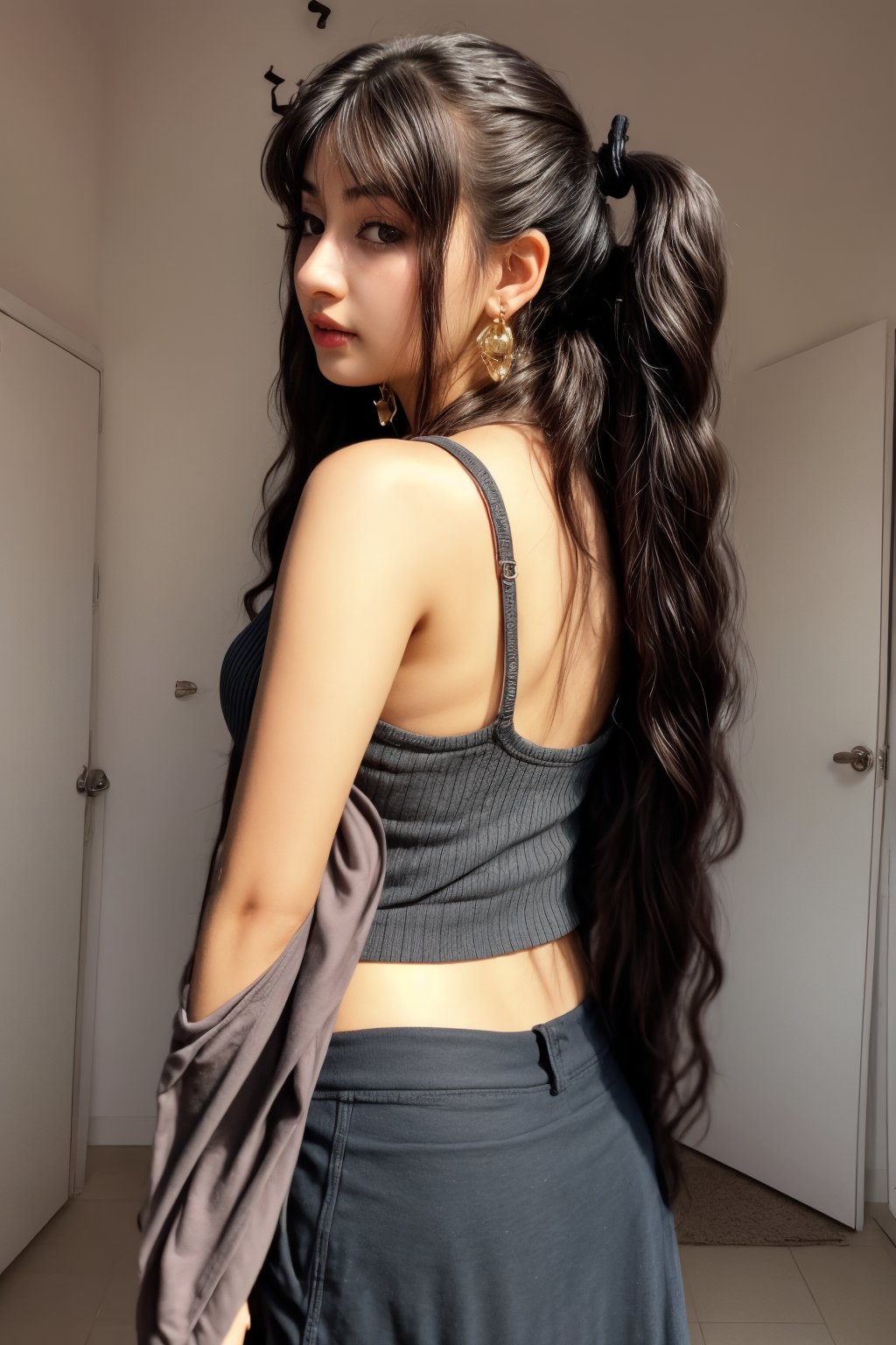 1girl, solo, long hair, black hair, twintails, jewelry, big round earrings, lips, realistic, beautiful mallu girl, outside, beautiful girl walking on the street , twintail hairstyle,18 years old long hair girl