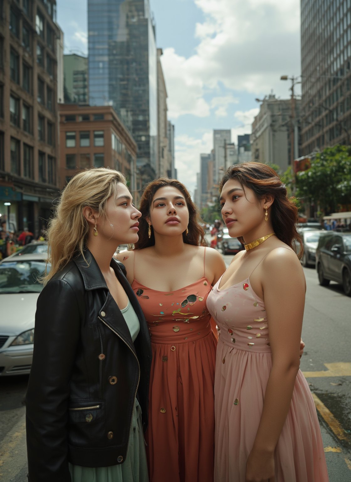 Three realistic women standing together in a modern city street. Each has distinct features: one with short blonde hair wearing a leather jacket, another with long brunette hair in a flowy dress, and the third with shoulder-length red hair, dressed in business attire. They are casually interacting, with skyscrapers and busy traffic in the background. The city is bustling with life, people walking by, and the sky is partly cloudy with a warm, natural glow illuminating the scene.


Create a highly detailed image of a fantasy girl blending elements of cinematic art and modern digital design. Navel exposed, midriff exposed, Her pale skin glows with a soft, ethereal light, intricately adorned with golden, cracked patterns that evoke the delicate art of kintsugi, tracing along her features with a mystical glow. These patterns intertwine with neon tattoos, forming geometric shapes that pulse with a magical energy. Her large, mesmerizing eyes shift between shades of deep teal and oceanic blue, as if holding the mysteries of the sea within them, drawing the viewer into her intense, calm gaze.
..,(her hand crackling with huge electricity power as she gazes directly at the camera)),futurediff, cyborg, robot,noc-futuristic