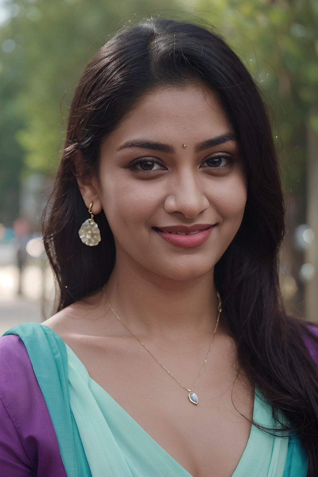 Malayalam movie actress unni mary:1.5, 1girl, solo, long hair, looking at viewer, smile, black hair, jewelry, earrings, outdoors, day, necklace, blurry, lips, blurry background, , realism