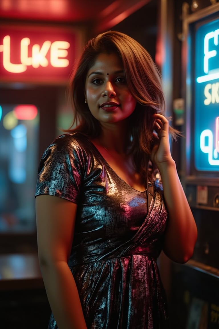 A woman posing confidently, radiant in a metallic dress with digital patterns and neon accents, against a blurred backdrop of vintage circuitry and neon lights. Soft, warm lighting highlights her features,  reflecting a digital glow. Her stylish gaze is set off by the retro-futuristic atmosphere, as if stepping out of a 1980s time capsule.,NeemoFairy,Liminal Space,Ambience Steampunk,Mallu beauty 