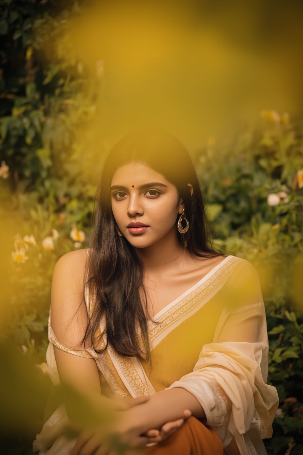 A stunning portrait of Kalyani Priyadarshan, framed by a warm golden light. She sits serenely in a lush greenery-filled setting, her long hair cascading down her back like a gentle waterfall. Her eyes sparkle with quiet confidence as she gazes softly into the distance.,Sahana15,Kalyani priyadarsh