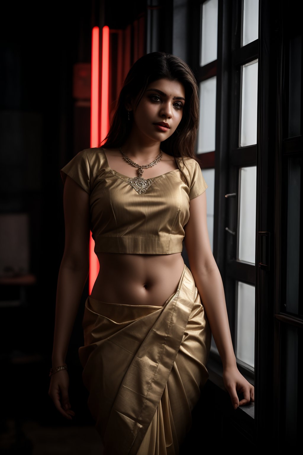 In a cyberpunk world, a stunning 25-year-old woman in a saree stands majestically in a long shot. Neon lights and glowing accents illuminate the dimly lit room, casting an otherworldly glow on her exotic beauty. The camera captures every detail with Fujifilm's raw quality, showcasing vibrant colors and mesmerizing eyes that seem to radiate an inner light. Her pose exudes sensuality as she flaunts robot body parts in the futuristic setting, with a glowing diamond pendant adding an air of sophistication. The photorealistic lighting and composition create an ultra-detailed image that draws the viewer in, as if gazing through a window into this Cyberpunk World.