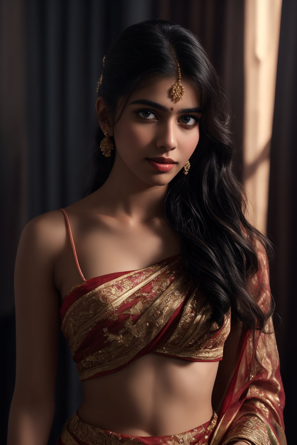 A beautiful Indian woman wearing a traditional saree, draped in a style that reveals her midriff and navel. The saree is richly colored and adorned with intricate patterns and embroidery, with a matching blouse (choli) that has short sleeves and a deep neckline. The pallu of the saree is gracefully draped over her shoulder, falling softly to one side, while her navel is tastefully visible where the saree is wrapped around her waist. She is adorned with traditional jewelry, including a maang tikka, jhumka earrings, a nose ring, bangles, and anklets. Her skin has a warm tone, and her long, dark hair is styled either in a loose braid or cascading waves. The setting is softly lit, focusing on her elegant pose and the cultural richness of her attire, with warm, natural lighting that enhances the details of the fabric and her jewelry.

cinematic angle, (cinematic shadows, bokeh, depth of field:1.3) , (High detail RAW Photo), (extremely detailed skin, photorealistic, heavy shadow, dramatic and cinematic lighting, key light, fill light), sharp focus, cinematic, imperfect skin, fabrics, textures, detailed face, detailed skin, detailed fingers, NaturalHand2-3500, analog film photo Deep photo,depth of field,ferrania p30 film,shadows, perfect face and body, dimly lit, nervous, harsh camera flash, faded film, desaturated, 35mm photo, grainy, Kodachrome, Lomography, stained, highly detailed, found footage,, (black hair,
A flapper girl stands poised in a smokey atmosphere, bathed in ethereal light that accentuates her stunning features. Her fair skin glows under cinematic lighting, as she gazes directly into the camera with perfect eyes and a beautiful nose. Her Drill Spring-inspired hairstyle is perfectly coiffed, framing her face, background intricate details and complex patterns that seem to leap off the screen in hyper-maximalist fashion.  with detailed decoration and lines that exude opulence. In stunning HDR and UHD, this unreal engine creation pops with gorgeous light and shadow., matrix,poakl