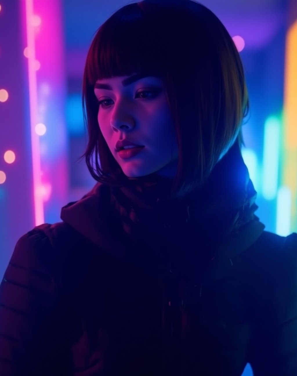 A cyberpunk women, realistic, details and enhanced image, beautiful,The atmosphere is fun and inviting, featuring colors like black, blue, dark blue, dark purple, gray, light green, purple, and orange. Neon lights in pink, blue, and green illuminate the space, creating a bokeh and Depth of Fieldeffect. The focus is on the girl from the torso to the head, captured in a cinematic style with a Sony A7R IV full-frame ceramic camera 