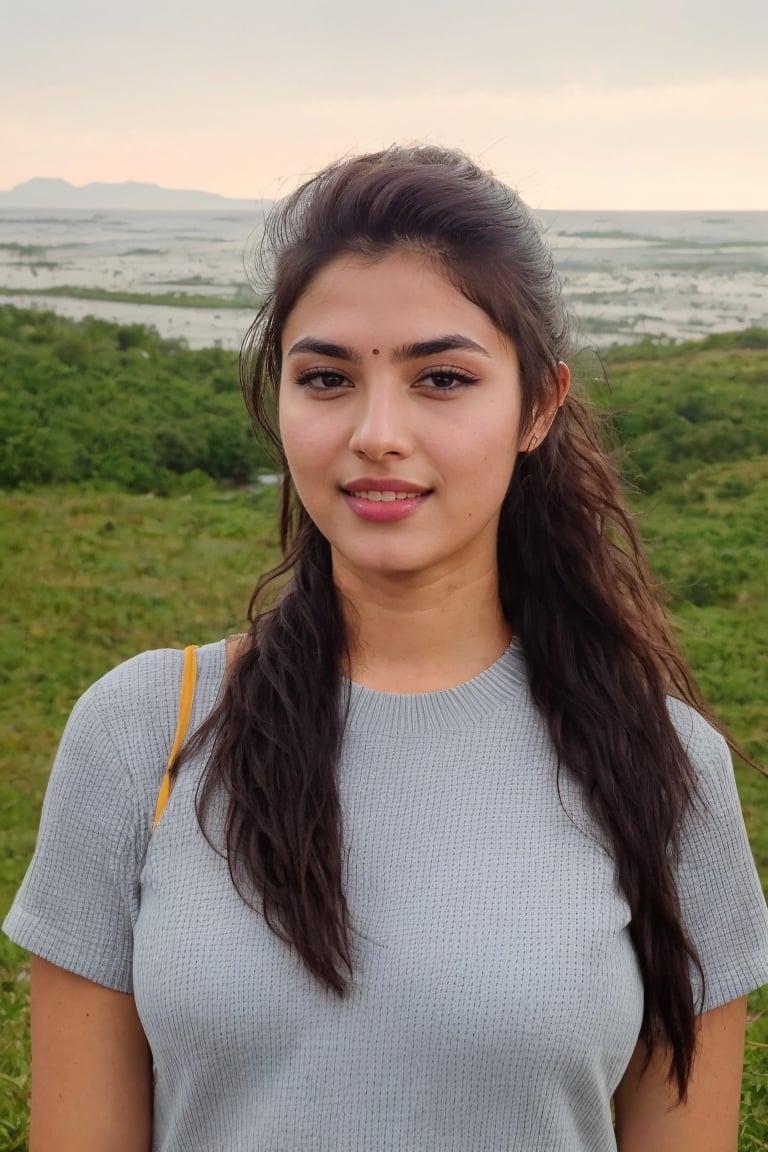 22 year old  women , wearing shirt and pant, wet hair, blue eyes, brown hair , long hair , (fujifilms),smiling, medium breast, at top of mountain,detailed skin texture, subsurface scattering, realistic, rule of thirds, Asian-Less, Intricate details, High Detail, professional photography, 8K UHD, sharp focus, shot with a (Canon EOS 5D Mark IV DSLR Camera:1.2), More Detail, Realism, photorealistic