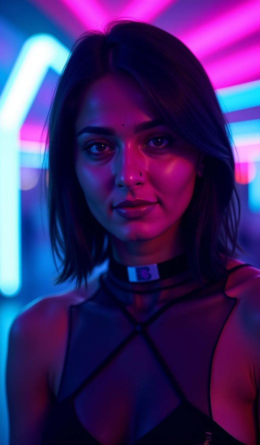 A cyberpunk women, realistic, details and enhanced image, beautiful,The atmosphere is fun and inviting, featuring colors like black, blue, dark blue, dark purple, gray, light green, purple, and orange. Neon lights in pink, blue, and green illuminate the space, creating a bokeh and Depth of Fieldeffect. The focus is on the girl from the torso to the head, captured in a cinematic style with a Sony A7R IV full-frame camera,AnushkaShettyFlux