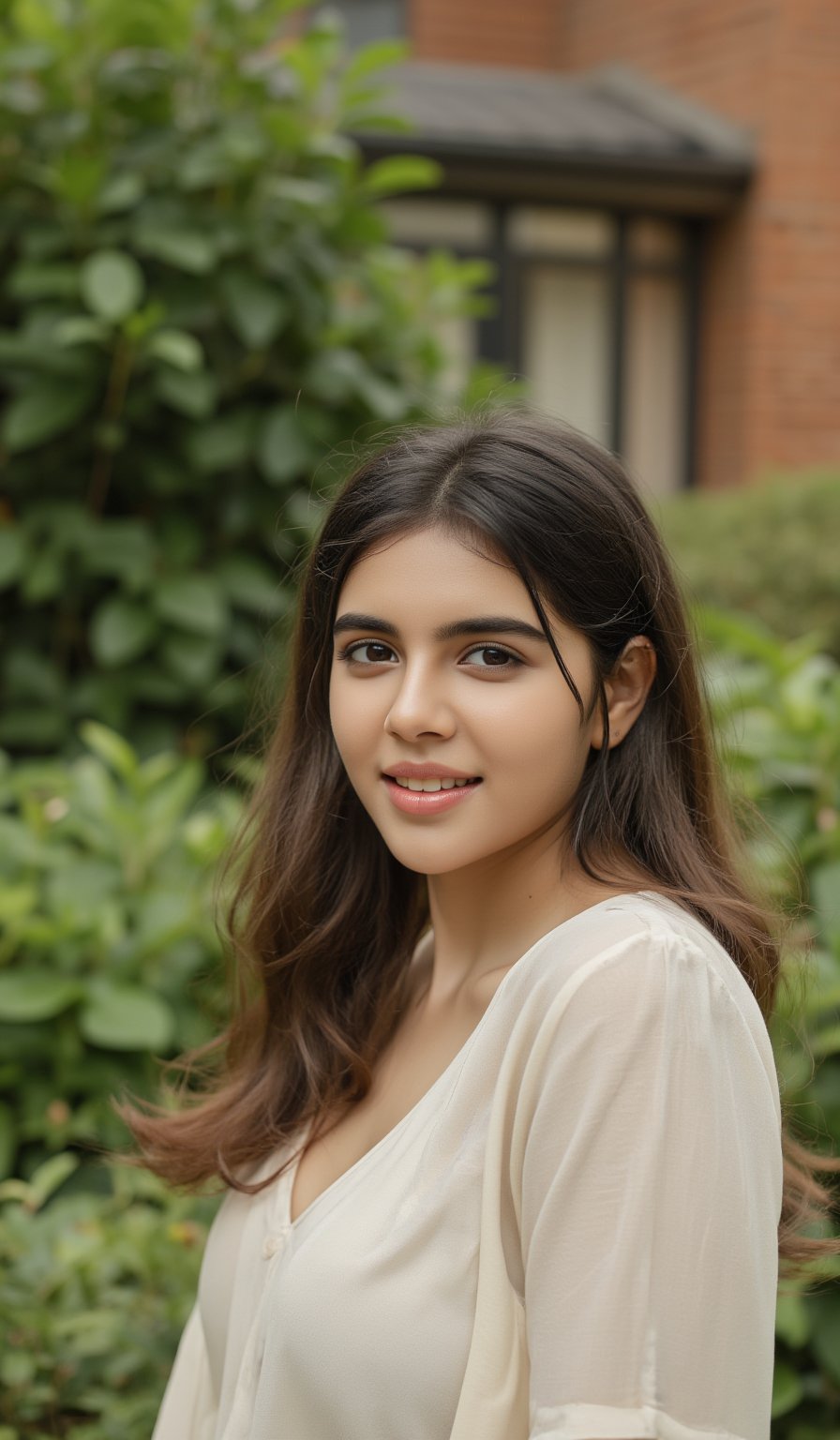 A 35mm frame captures Kalyani Priyadarsh's radiant smile as she stands outdoors, surrounded by lush green bushes and a brick building's rustic charm. Her soft, wavy brown hair caresses her cheeks. The natural light illuminates her porcelain complexion, accentuating her elegant features. Her eyes sparkle with warmth, drawing the viewer in. Notice the gentle curve of her lips and the subtle definition of her eyebrows. A hint of transparency reveals a glimpse of her navel, adding an air of mystique to her allure. The camera's lens is unobstructed, allowing for a crisp, realistic rendering, inviting the viewer to step into this captivating scene.