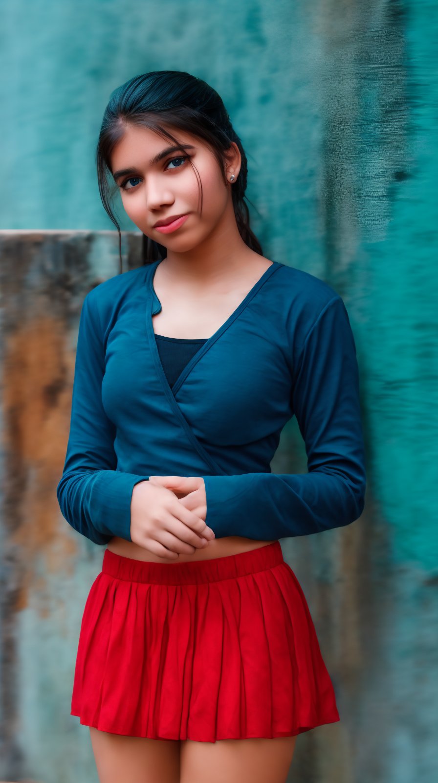 Captured from a high-angle perspective, a 16 yo women standstill . She is wearing a blue long-sleeved shirt, a red skirt, and a ring on her finger. Her hair is pulled ponytail, and she is wearing earrings in her ears. The backdrop is a rustic wooden wall, and the sky is a pale blue. The woman's expression is neutral, with a slight smile on her face.,sahana15,realhands