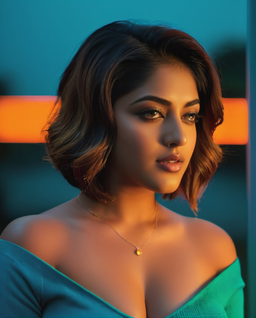 (Anu Emmanuel:1.1), breast_to_breast, ((big boobs,)) neon photography style, clavege ,  ( full size:1.5)LED  colour light, teal and orange colour grading, symmetrical face, female focus, one girl looking at viewer, , short hair,bob cut, solo, night time, outdoors, dark,depth_of_field,neon light, ,detailmaster2