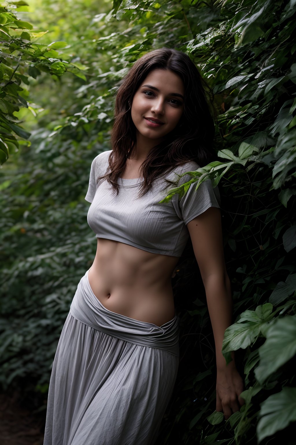 A woman emerges from the verdant underbrush, her curves accentuated by the loose-fitting clothing that seems out of place among the forest's somber tones. Confidently posed with a subtle smile, she commands attention amidst the leafy backdrop, where dappled sunlight filters through the canopy above. The composition balances natural beauty and human presence, inviting the viewer to step into her alluring world.,Mallu women