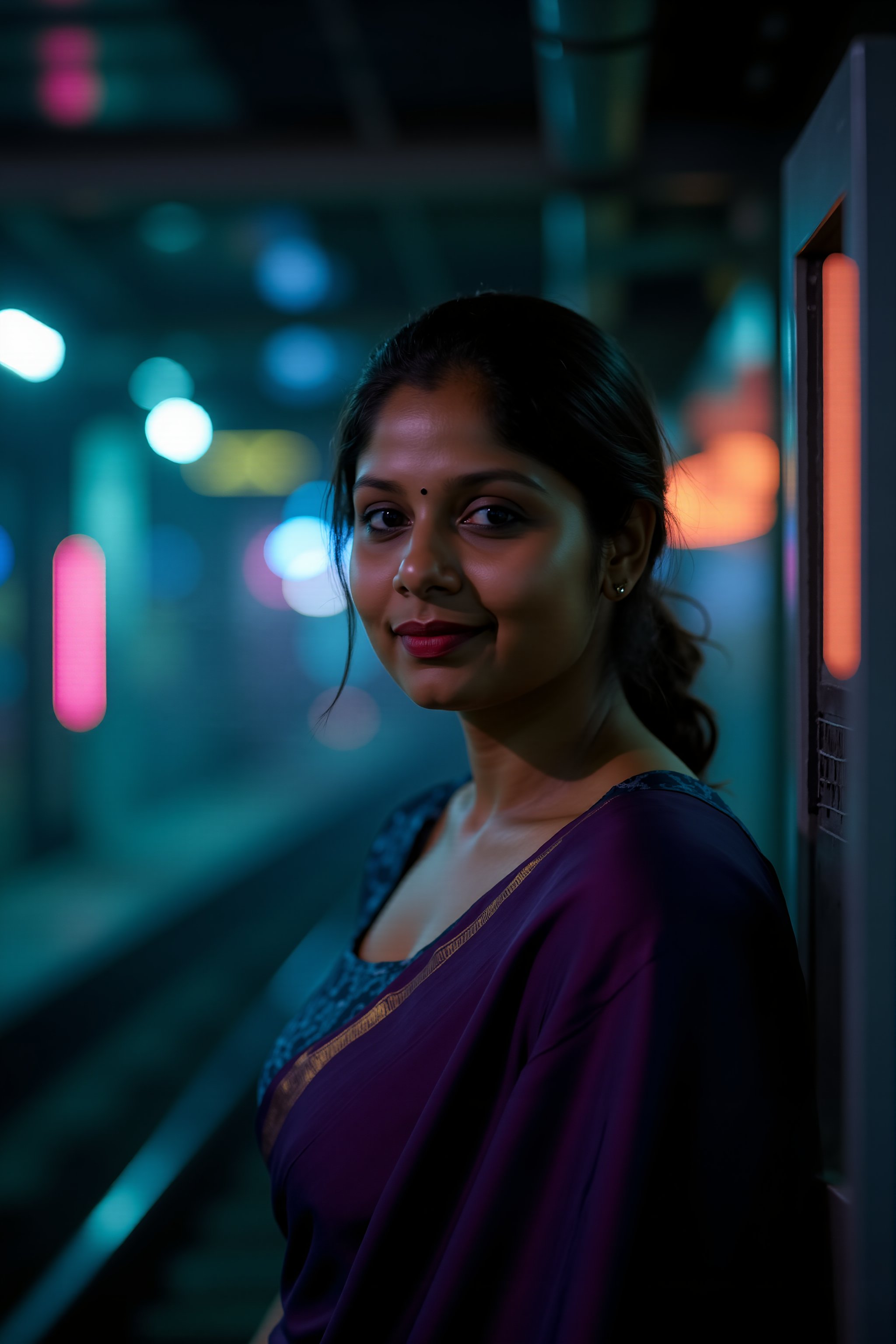 A beautiful mallu women, teal and orange colour lighting in background, futuristic subway, pipeline , wires, light indicators, intricate background, realism,realistic,raw,analog,portrait,photorealistic, taken by Canon EOS,SIGMA Art Lens 35mm F1.4,ISO 200 Shutter Speed 2000,Vivid picture,Mallu beauty, The atmosphere is fun and inviting, featuring colors like black, blue, dark blue, dark purple, gray, light green, purple, and orange. Neon lights in pink, blue, and green illuminate the space, creating a bokeh and Depth of Fieldeffect. The focus is on the girl from the torso to the head, captured in a cinematic style with a Sony A7R IV full-frame camera,Mallu beauty,futuristicportrait,Mallu beauty 