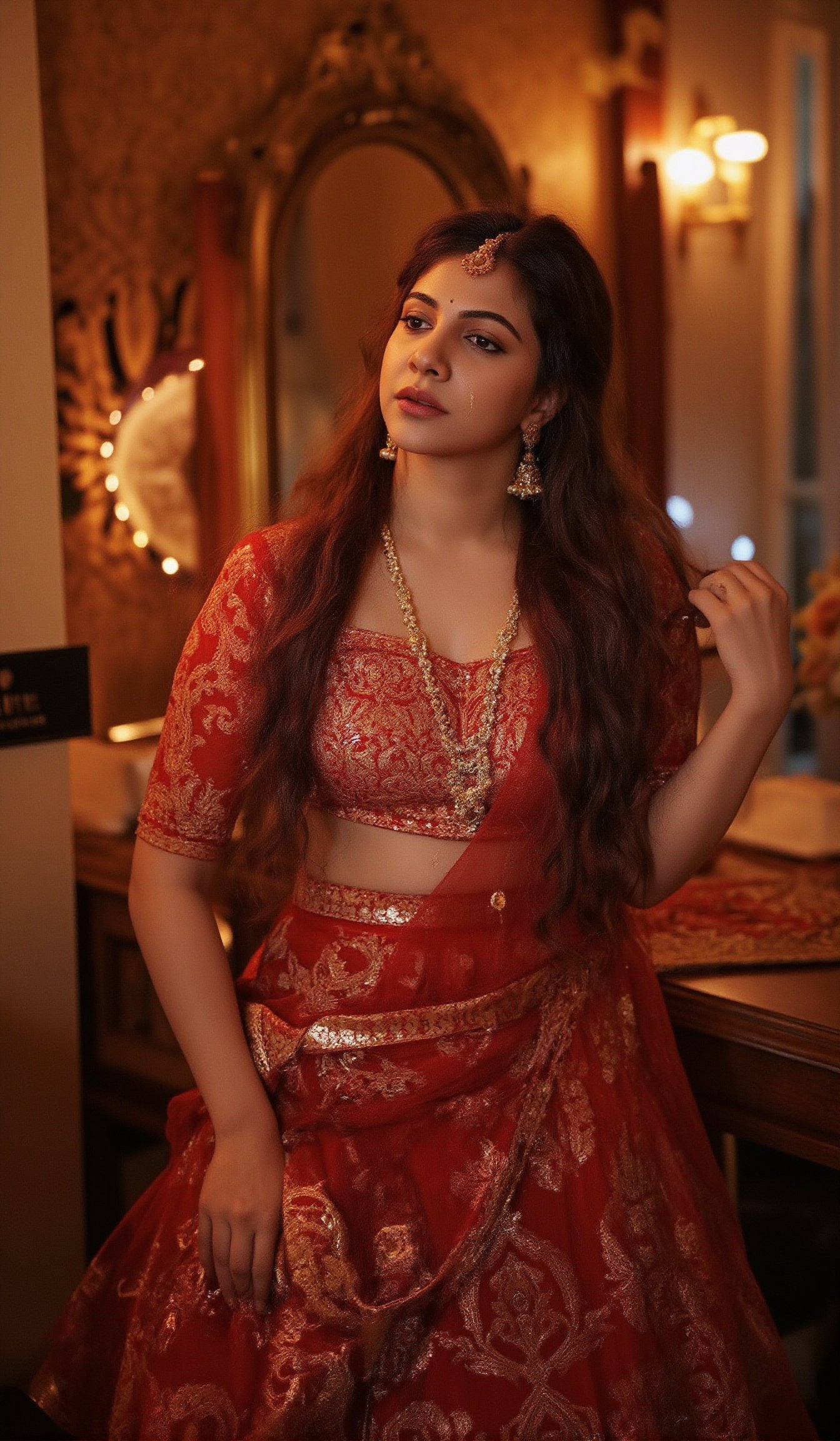 A stunning Madona Sebastian, dressed in a rich red lehenga with intricate embroidery, paired with heavy gold jewelry and a statement bindi on her forehead. Her long hair falls elegantly down her back as she strikes a confident pose, one hand resting on her hip and the other holding a delicate gold earring. The soft lighting highlights her natural complexion, while her eyes are enhanced by smoky eyeliner and volumizing mascara. She stands against a luxurious Bollywood-style backdrop, with subtle neon accents to emphasize her glamorous attire.,Madona Sebastian 