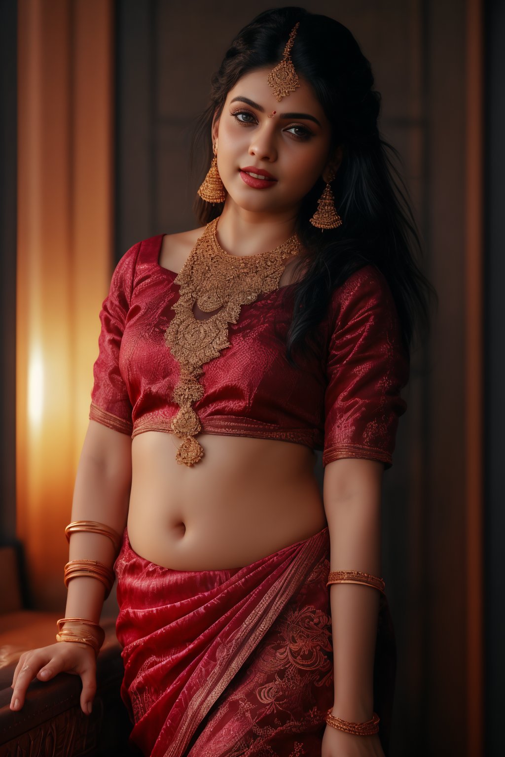 A beautiful Indian 26yo  girl wearing a traditional saree, draped in a style that reveals navel. Turtle neck blouse:2, The saree is richly colored and adorned with intricate patterns and embroidery, with a matching blouse (choli) that has short sleeves and a deep neckline. The pallu of the saree is gracefully  over her shoulder cover with blouse, , falling softly to one side, while her navel is tastefully visible where the saree is wrapped around her waist. She is adorned with traditional jewelry, including a maang tikka, jhumka earrings, a nose ring, bangles, and anklets. Her skin has a warm tone, and her long, dark hair is styled either in a loose braid or cascading waves. The setting is softly lit, focusing on her elegant pose and the cultural richness of her attire, with warm, natural lighting that enhances the details of the fabric and her jewelry.

cinematic angle, (cinematic shadows, bokeh, depth of field:1.3) , (High detail RAW Photo), (extremely detailed skin, photorealistic, heavy shadow, dramatic and cinematic lighting, key light, fill light), sharp focus, cinematic, imperfect skin, fabrics, textures, detailed face, detailed skin, detailed fingers, NaturalHand2-3500, analog film photo Deep photo,depth of field,ferrania p30 film,shadows, perfect face and body, dimly lit, nervous, harsh camera flash, faded film, desaturated, 35mm photo, grainy, Kodachrome, Lomography, stained, highly detailed, found footage,, (black hair, covered cleavage, 
A flapper girl stands poised in a smokey atmosphere, bathed in ethereal light that accentuates her stunning features. Her fair skin glows under cinematic lighting, as she gazes directly into the camera with perfect eyes and a beautiful nose. Her Drill Spring-inspired hairstyle is perfectly coiffed, framing her face, background intricate details and complex patterns that seem to leap off the screen in hyper-maximalist fashion.  with detailed decoration and lines that exude opulence. In stunning HDR and UHD, this unreal engine creation pops with gorgeous light and shadow., matrix,poakl, 5 fingers on each hands,better_hands