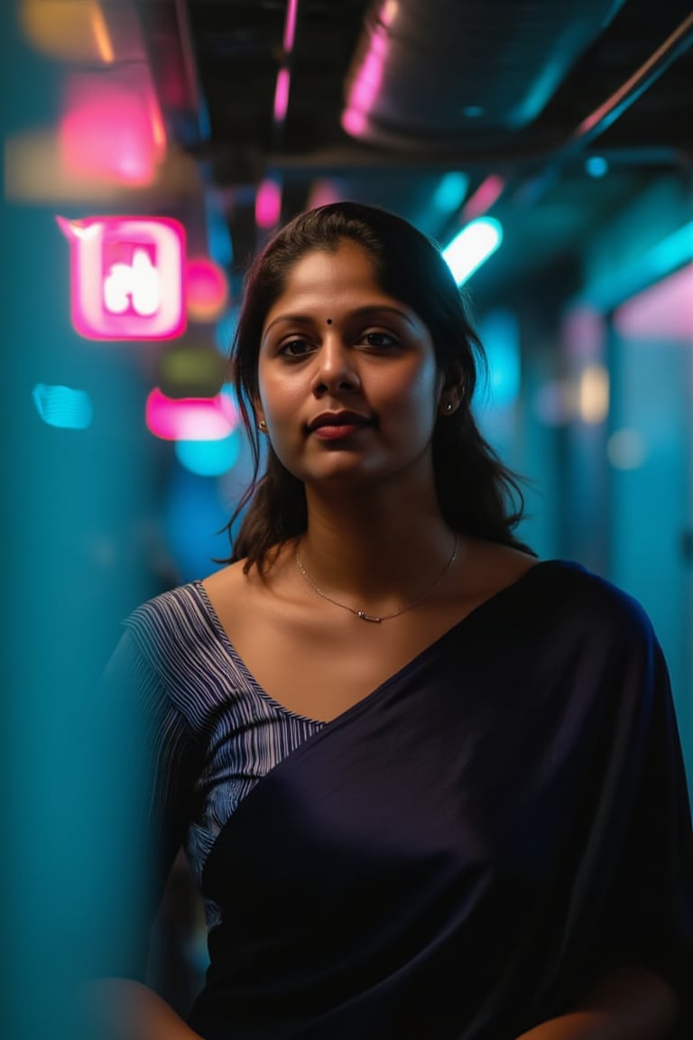 A beautiful mallu women, teal and orange colour lighting in background, futuristic subway, pipeline , wires, light indicators, intricate background, realism,realistic,raw,analog,portrait,photorealistic, taken by Canon EOS,SIGMA Art Lens 35mm F1.4,ISO 200 Shutter Speed 2000,Vivid picture,Mallu beauty, The atmosphere is fun and inviting, featuring colors like black, blue, dark blue, dark purple, gray, light green, purple, and orange. Neon lights in pink, blue, and green illuminate the space, creating a bokeh and Depth of Fieldeffect. The focus is on the girl from the torso to the head, captured in a cinematic style with a Sony A7R IV full-frame camera,Mallu beauty,futuristicportrait,Mallu beauty 