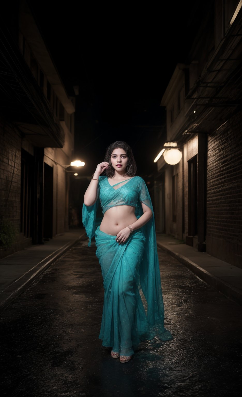 Mid shot, In a dark alleyway, neon tubes casting a futuristic glow on wet pavement, a stunning 28-year-old woman stands confidently, half of her body clad in a head-to-hip transparent saree that glistens under Tron-like lights. Electric blue and fiery orange hues dance across her features as she poses, the saree's intricate patterns reflecting off her toned skin like a digital canvas.