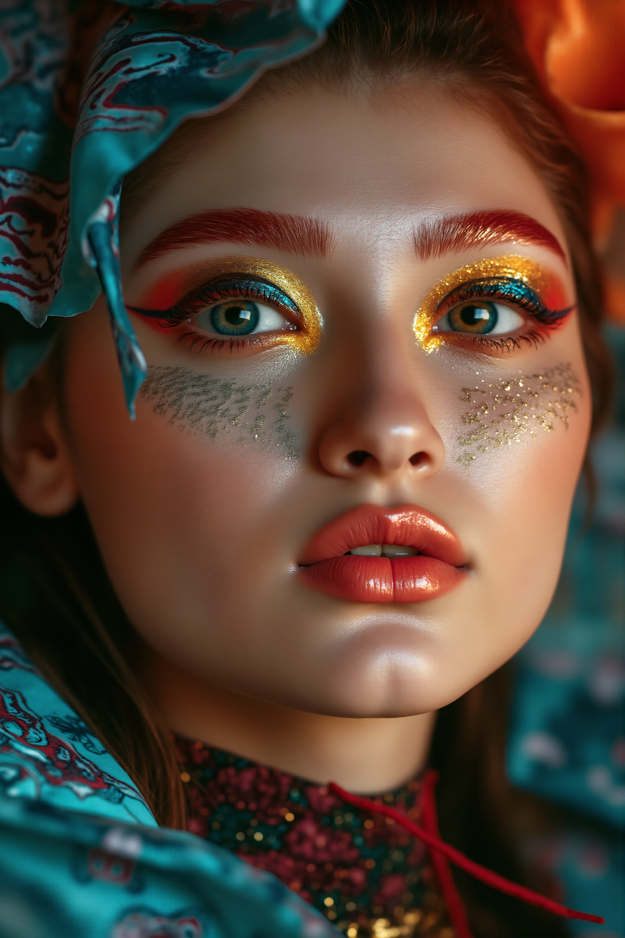 A hyper-realistic portrait of a stunning supermodel, featuring a beautifully detailed face with intricate. The image blends futuristic and traditional elements with a neo mode, avant-garde style, characterized by delicate and sleek lines, vibrant colors, and exquisite details. The model’s eyes captivate with complex colored irises, while her unique, crazy hairstyle adds to the surreal and mysterious charm. The overall composition is symmetrical and fluid, with an ethereal and timeless aura. The interplay of light and shadow enhances the high-fashion aesthetic, capturing the essence of cyberpunk and folklore in a visually striking and artistic statement,  Midjourney_Whisper,Details,Skin texture 