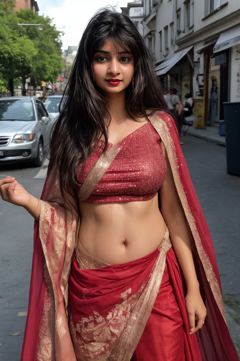 18 year old indian girl, brown long hair , wet hair, wearing red  lehenga , sunny Norway street , round breast , smirk  , red lipstick ,27 yo woman ,27 year old girl,27 old girl,Mallu,18 years old girl 