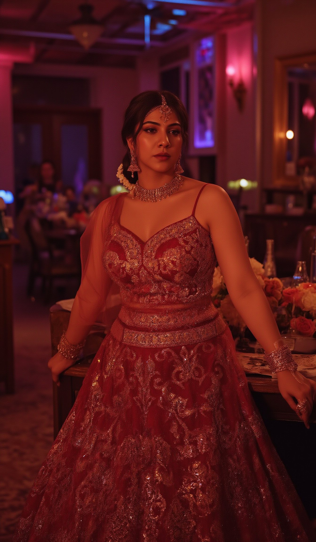 Cool cinematic lighting, matrix movie theam,A stunning Madona Sebastian, dressed in a rich red lehenga with intricate embroidery, paired with heavy gold jewelry She stands against a luxurious Hollywood-style backdrop, with subtle neon accents to emphasize her glamorous attire.,Madona Sebastian 