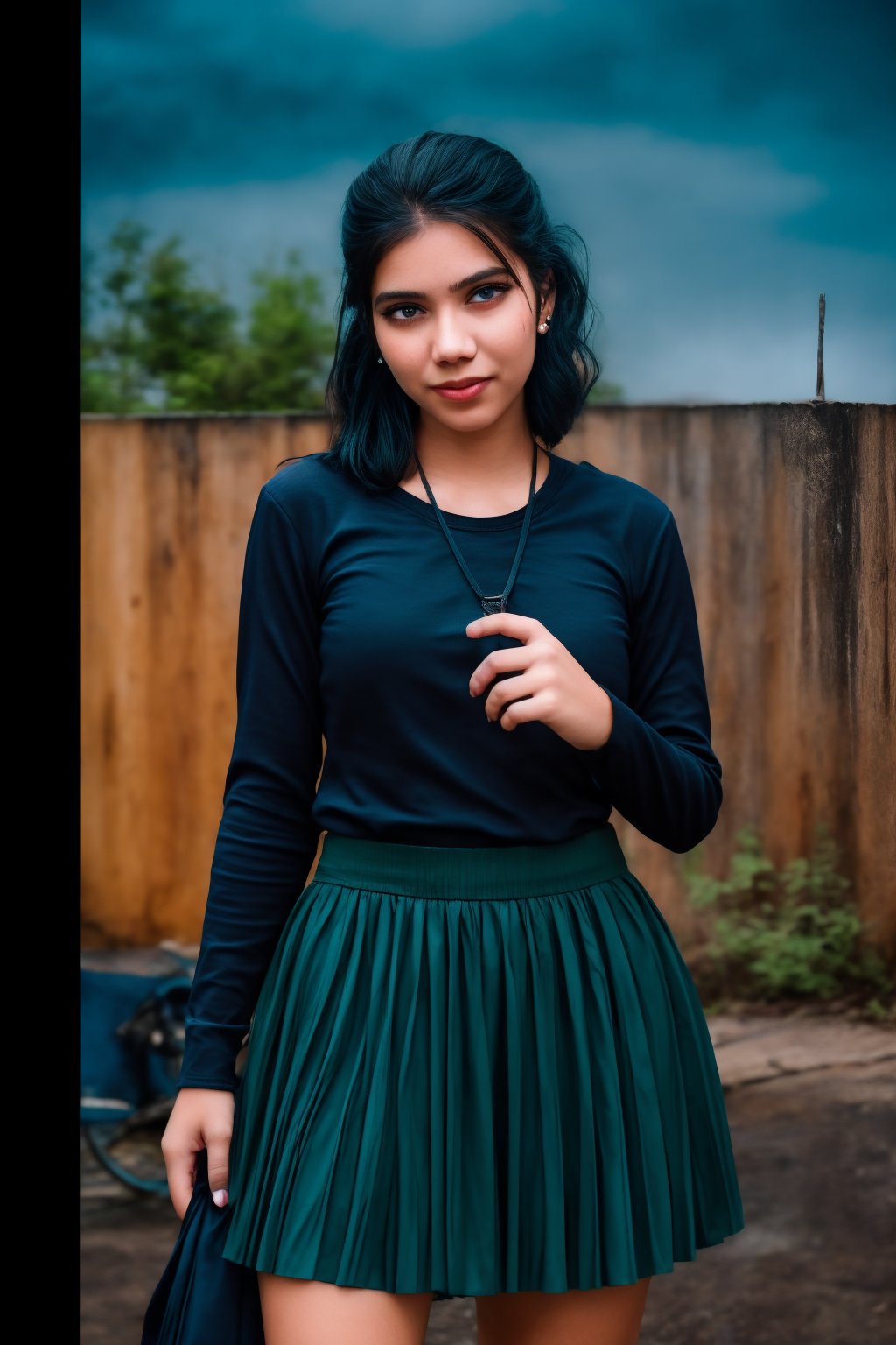 A teenage girl stands still against a rustic wooden wall with a pale blue sky in the background. She is wearing a blue long-sleeved shirt and a red skirt, accessorized with a ring on her finger and earrings in her ears. Her sleek, ponytailed hair is neatly styled, and her neutral expression carries a hint of a subtle smile. The image features cinematic color grading with Matrix movie color tones, enhanced with Tron Legacy movie style. The scene has a neon atmosphere, with a futuristic gadget in view, creating the look of a game character.
