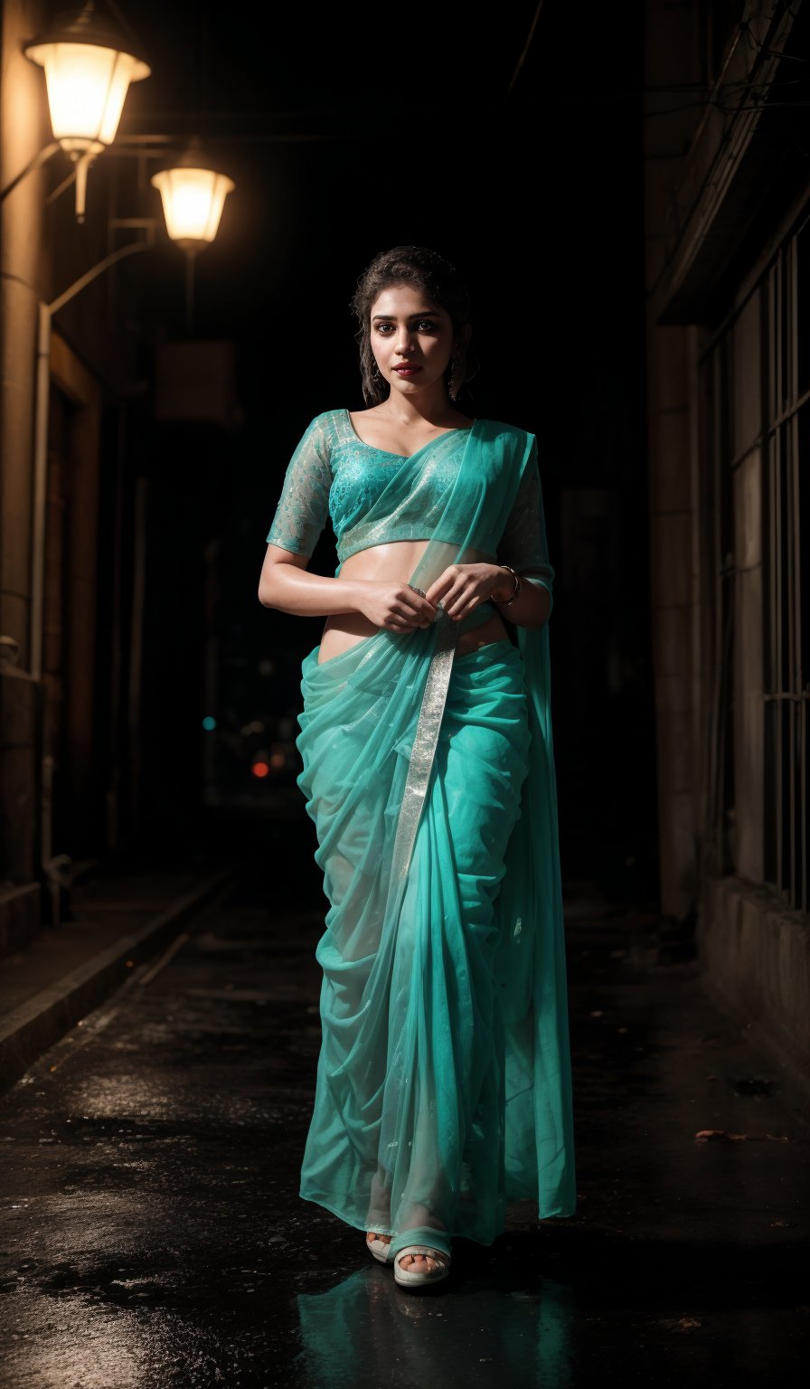 Mid shot, In a dark alleyway, neon tubes casting a futuristic glow on wet pavement, a stunning 28-year-old woman stands confidently, half of her body clad in a head-to-hip transparent saree that glistens under Tron-like lights. Electric blue and fiery orange hues dance across her features as she poses, the saree's intricate patterns reflecting off her toned skin like a digital canvas.